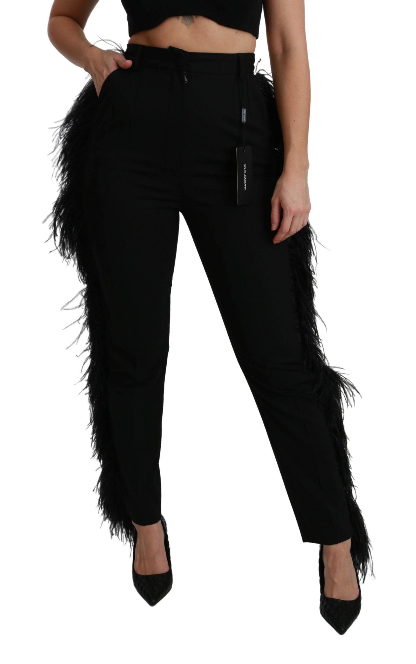 Dolce & Gabbana Black Feather Straight High Waist Wool Pants | Regal Royce
