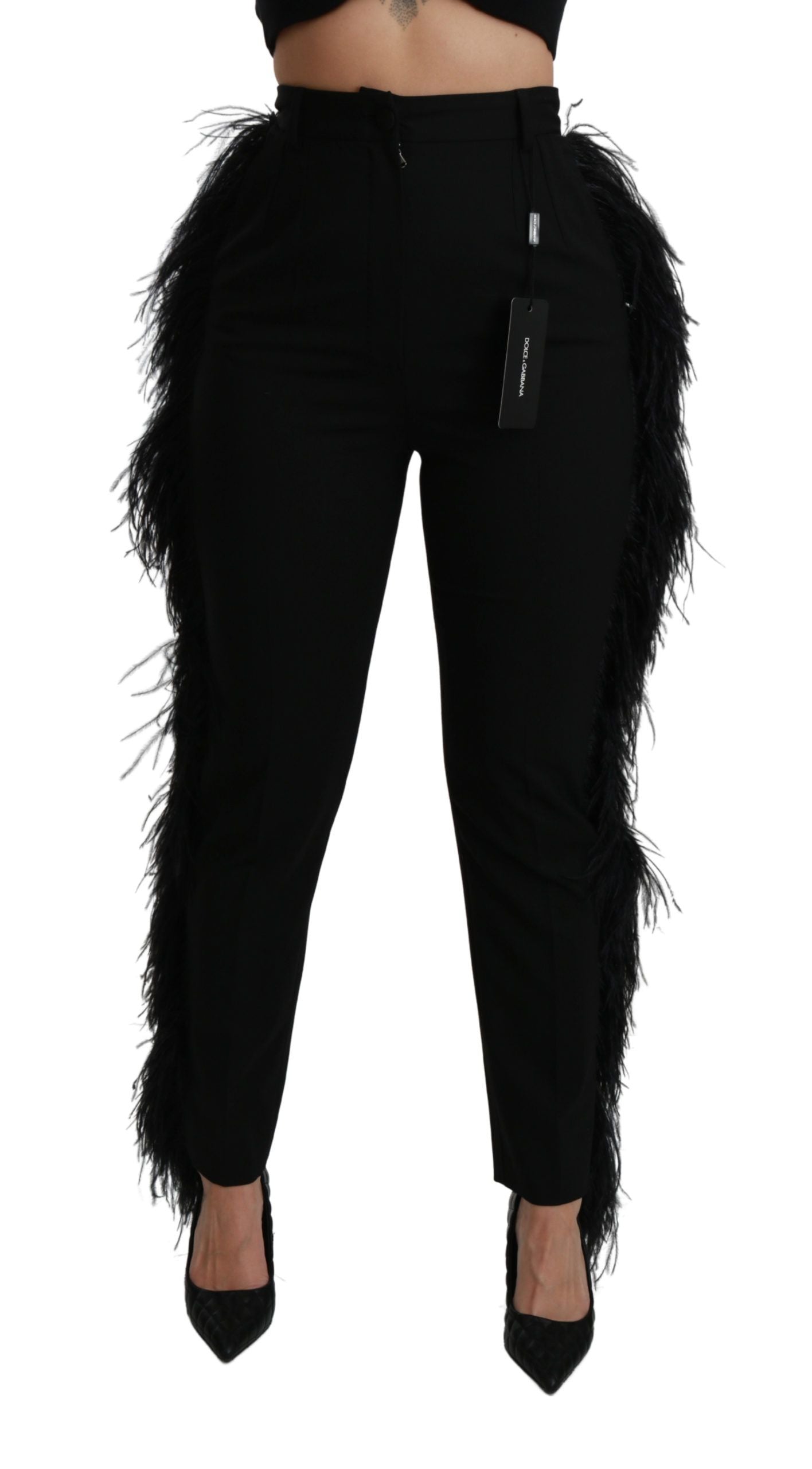 Dolce & Gabbana Black Feather Straight High Waist Wool Pants | Regal Royce
