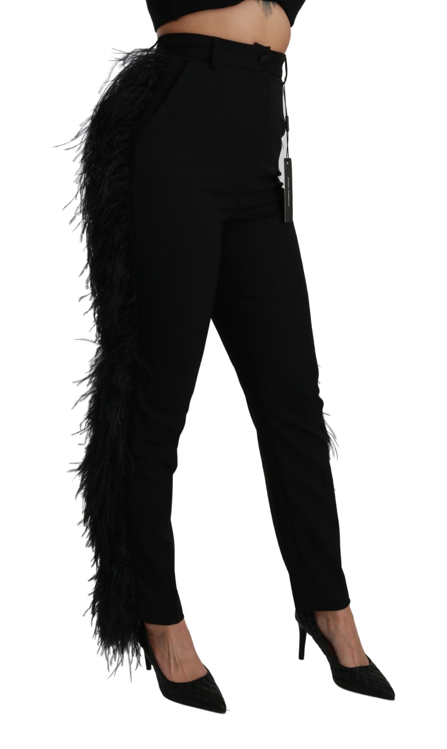 Dolce & Gabbana Black Feather Straight High Waist Wool Pants | Regal Royce