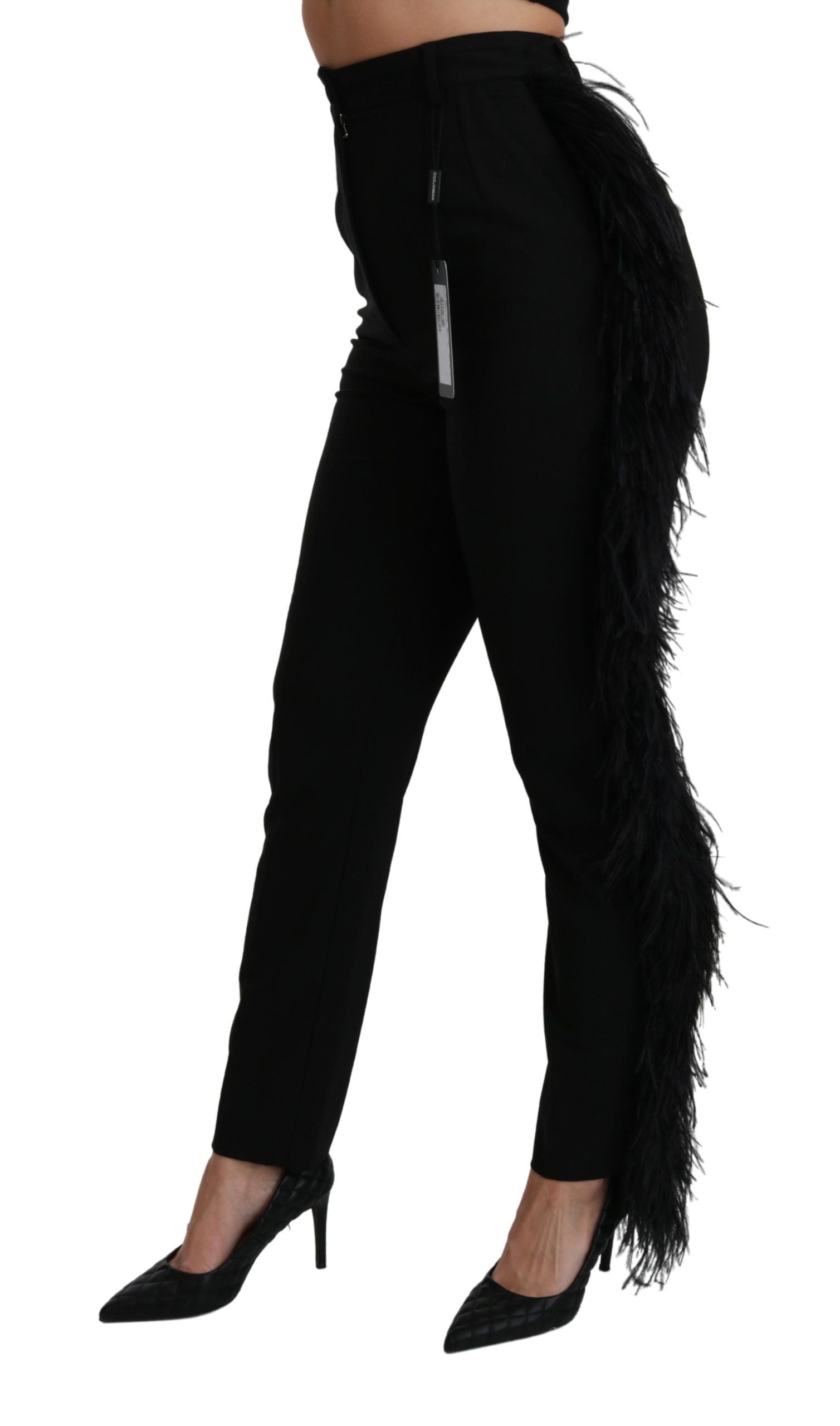 Dolce & Gabbana Black Feather Straight High Waist Wool Pants | Regal Royce