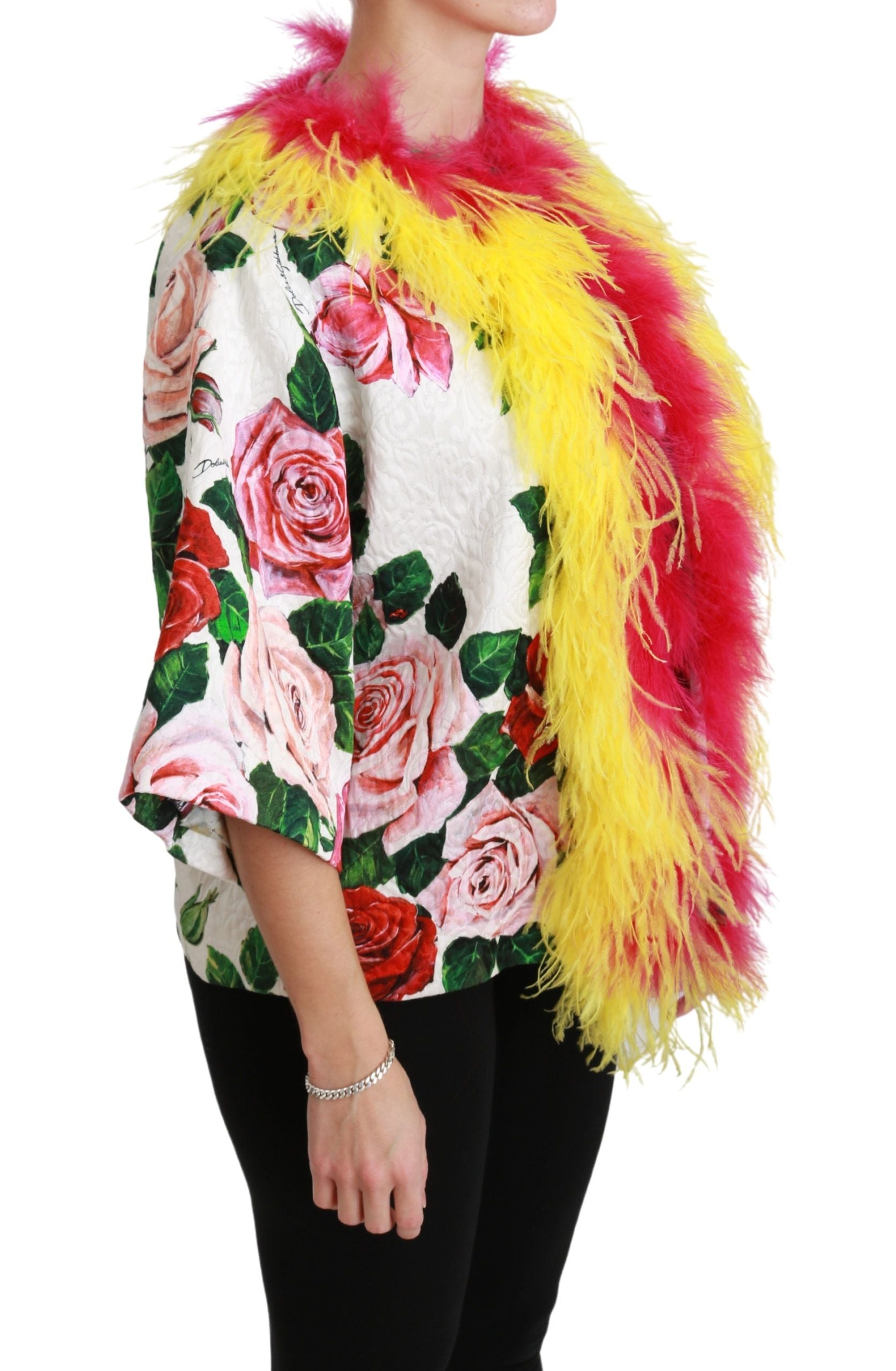 Dolce & Gabbana White Floral Coat Capte Fur Roses Jacket | Regal Royce