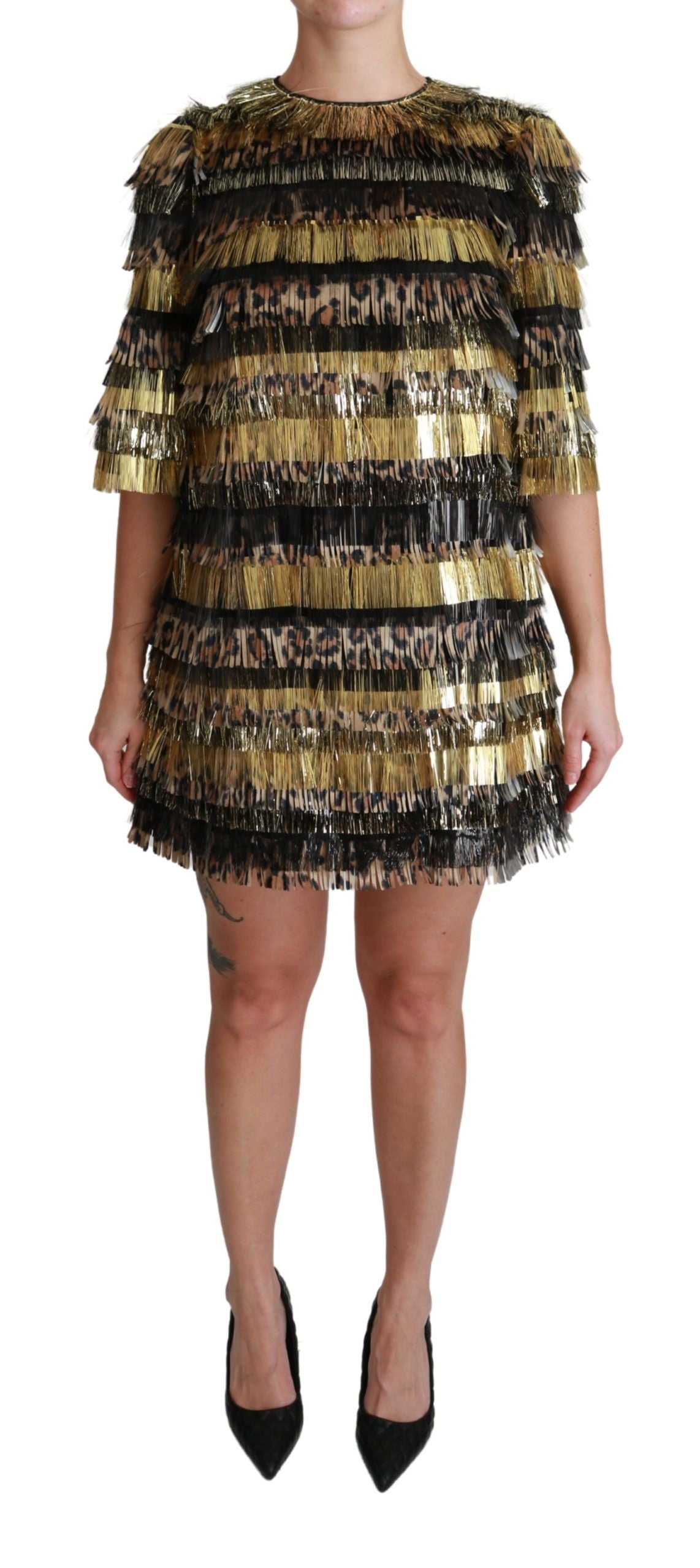 Dolce & Gabbana Polyester Black Gold Leopard Shift Mini Dress | Regal Royce
