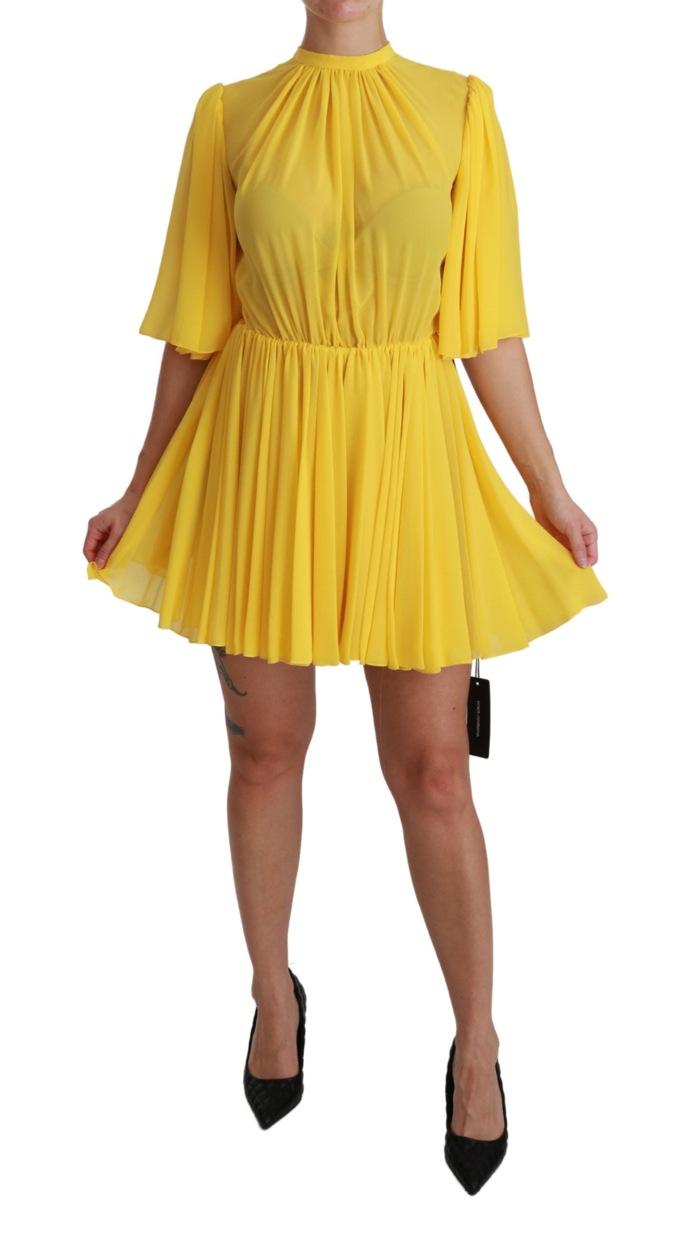 Dolce & Gabbana Yellow Pleated A-line Mini 100% Silk Dress | Regal Royce
