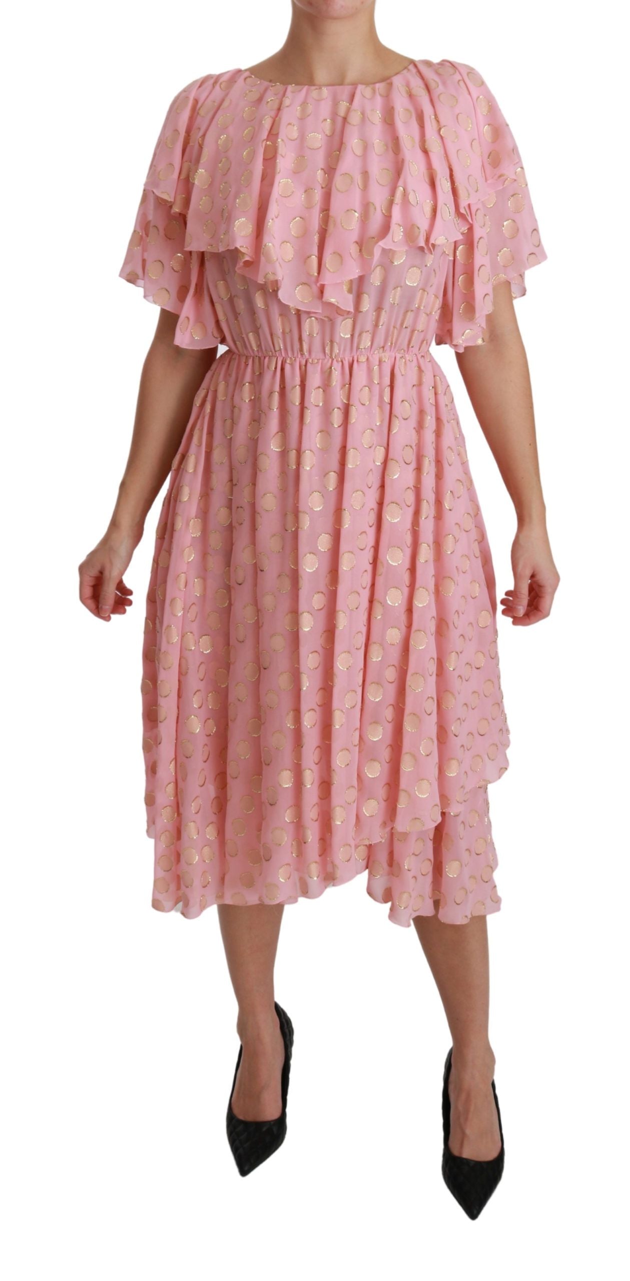 Dolce & Gabbana Silk Pink Polka Dots Pleated A-line Midi Dress | Regal Royce