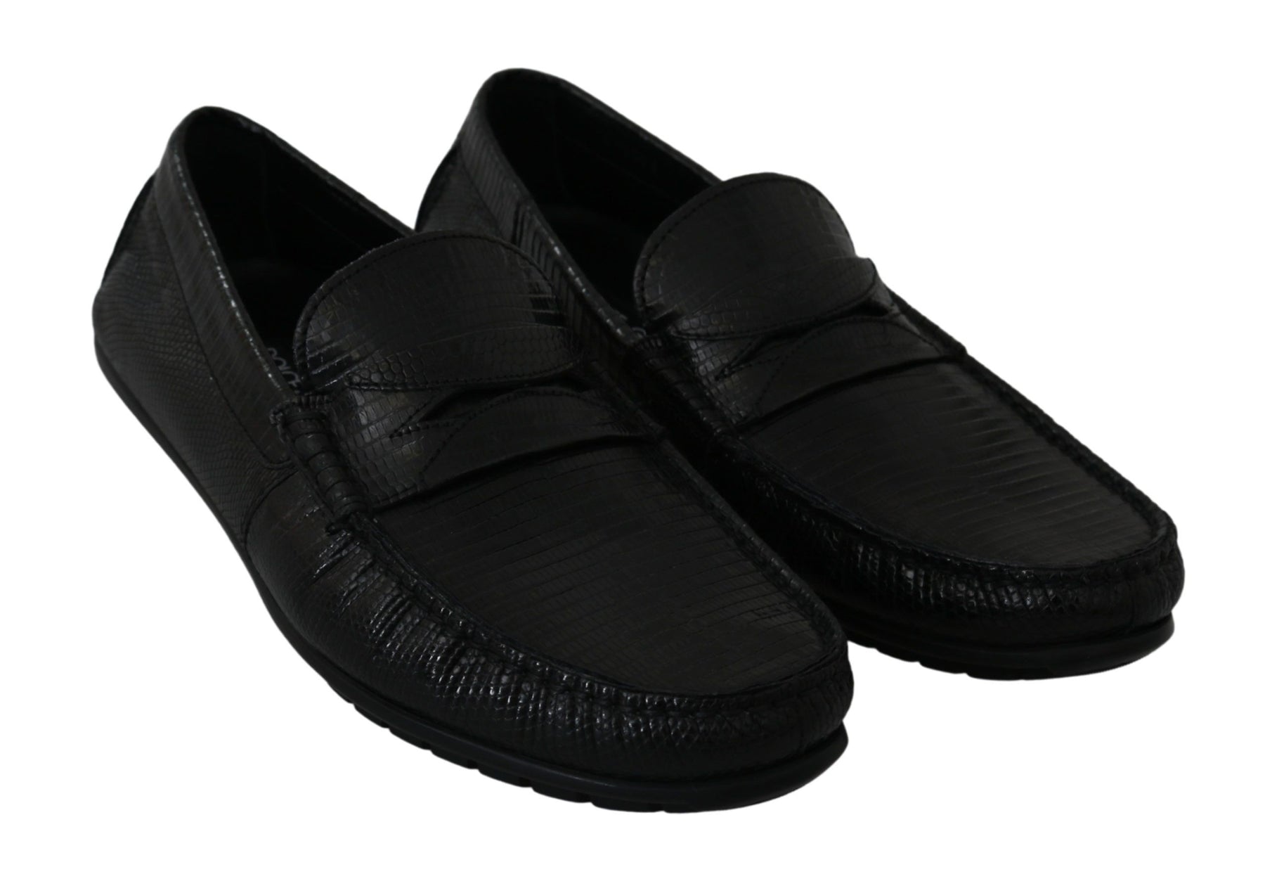 Dolce & Gabbana Black Lizard Leather Flat Loafers Shoes | Regal Royce