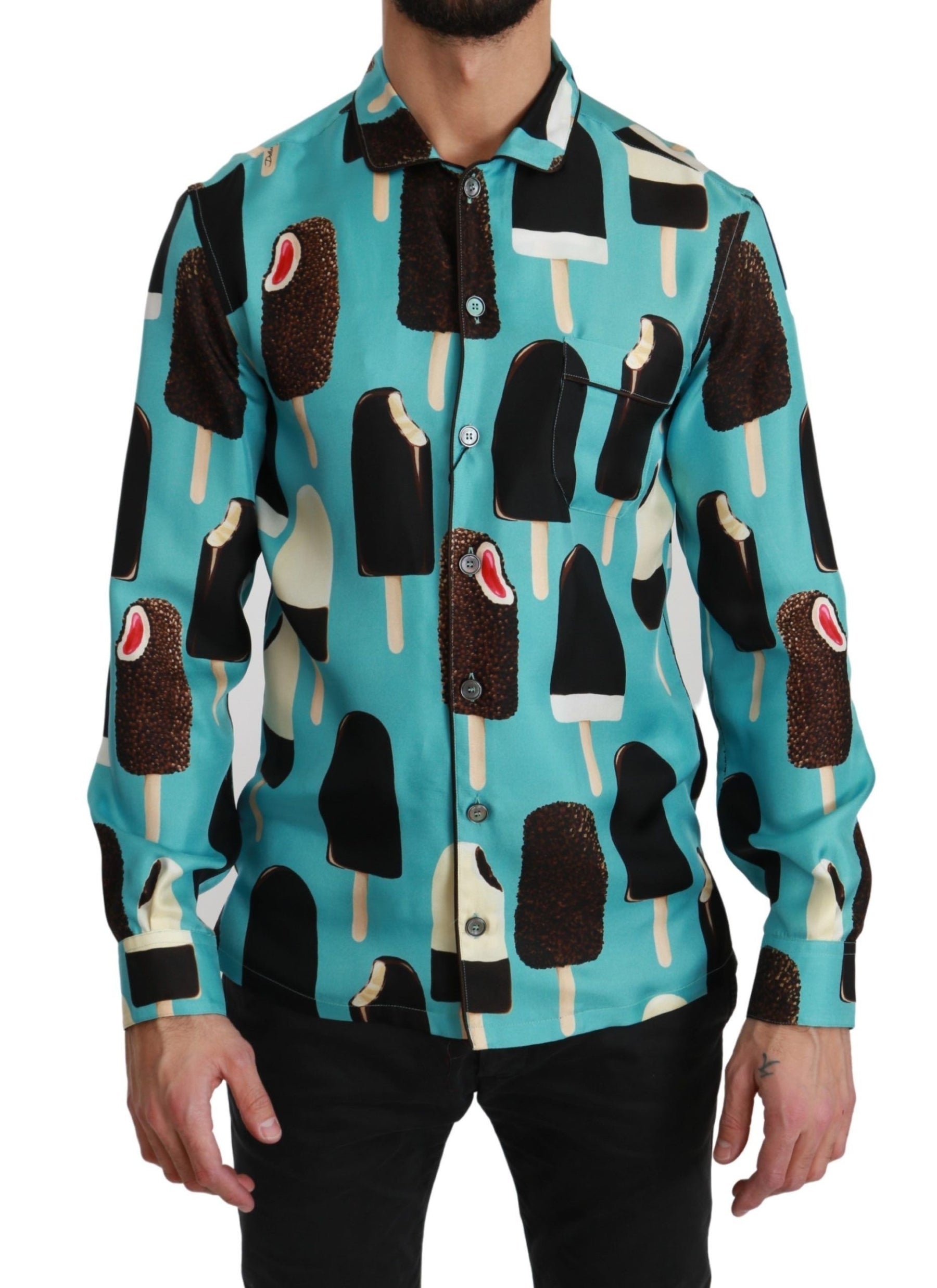 Dolce & Gabbana Blue Silk Ice Cream Print Casual Shirt | Regal Royce