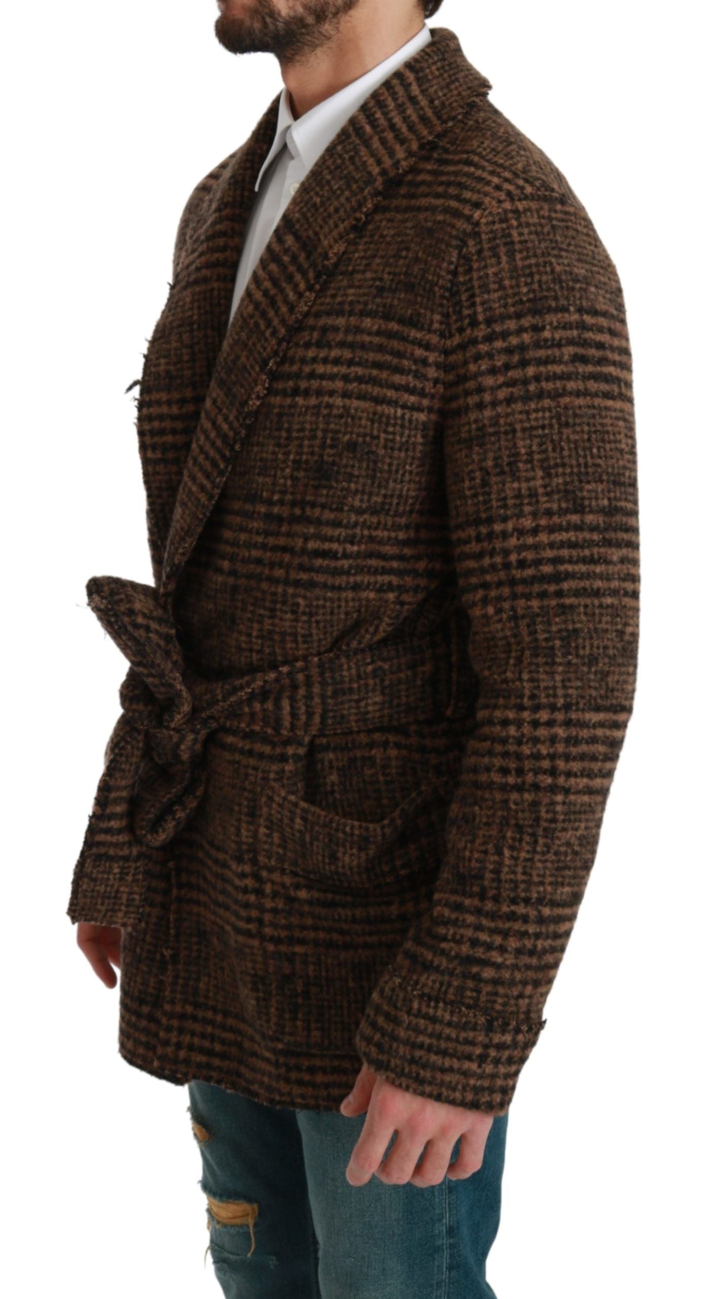 Dolce & Gabbana Brown Checkered Wool Robe Coat  Wrap Jacket | Regal Royce