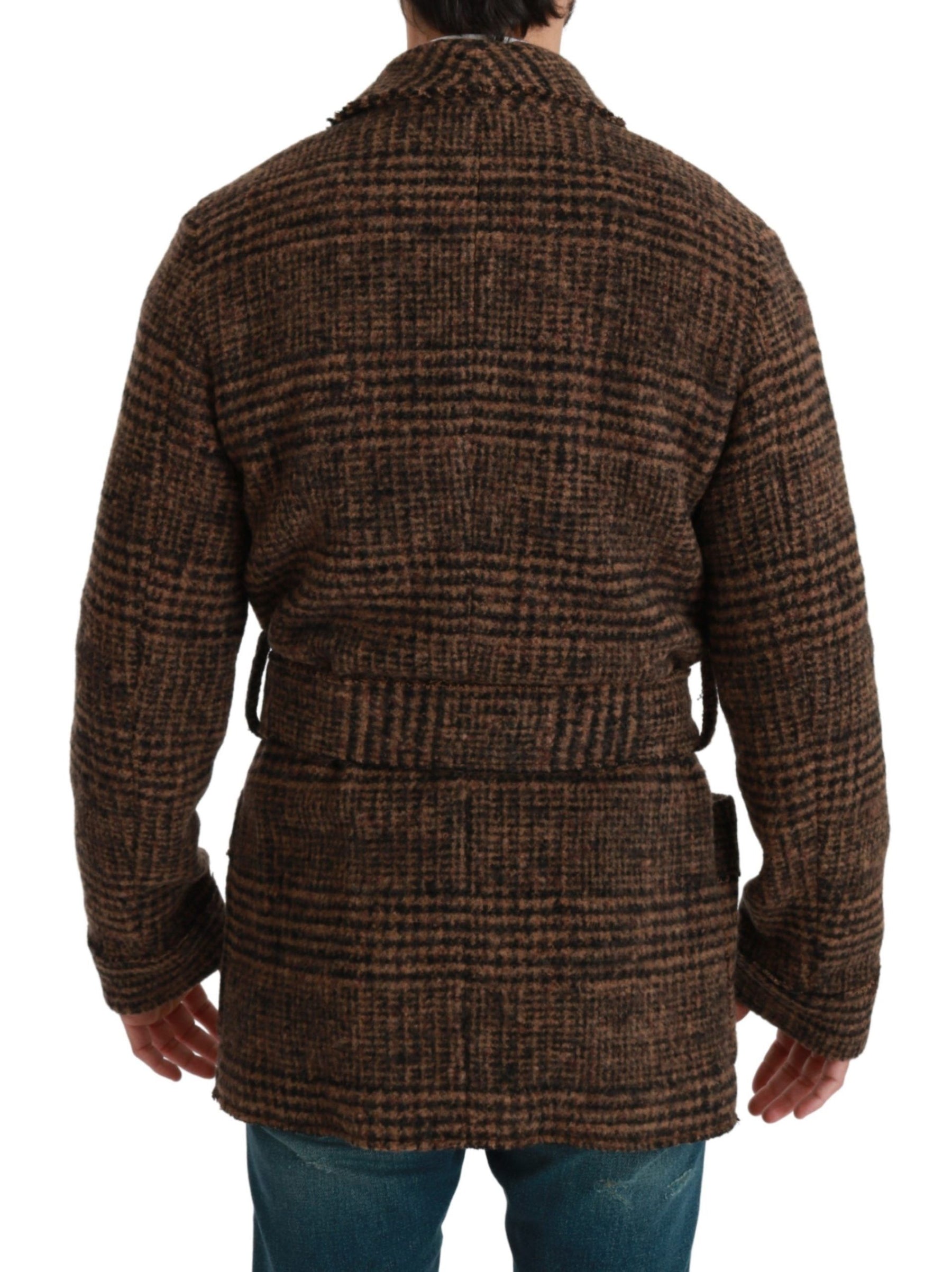 Dolce & Gabbana Brown Checkered Wool Robe Coat  Wrap Jacket | Regal Royce