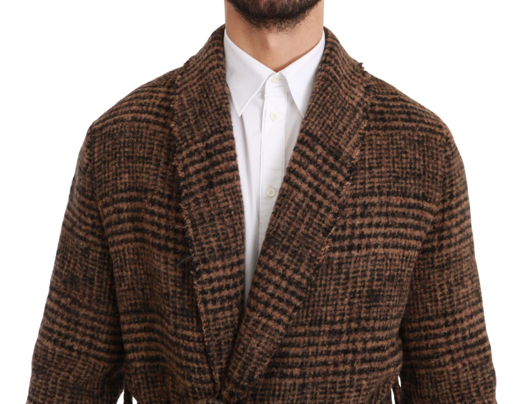 Dolce & Gabbana Brown Checkered Wool Robe Coat  Wrap Jacket | Regal Royce
