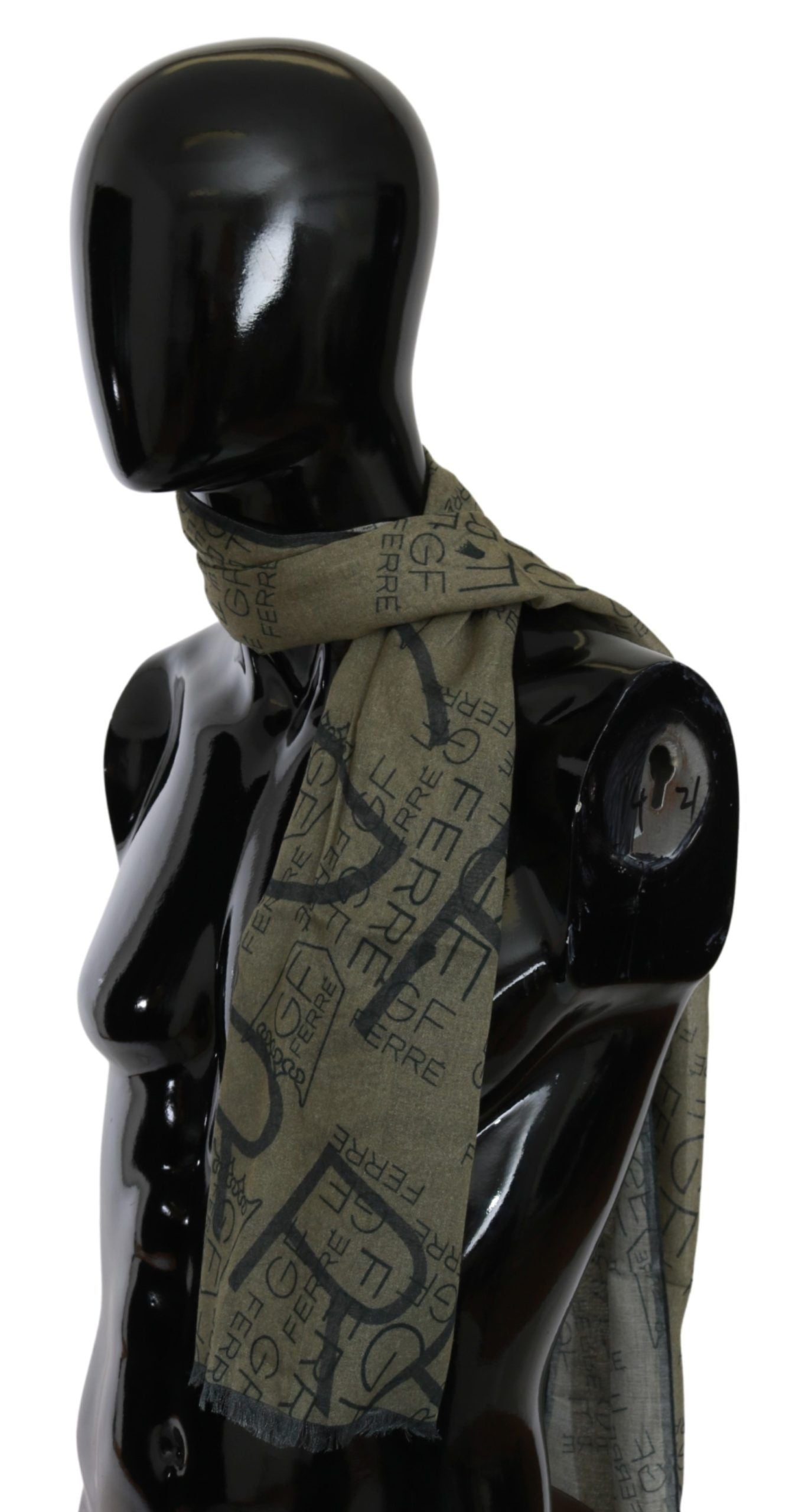 GF Ferre Green Wool Viscose Foulard Patterned Branded Scarf | Regal Royce