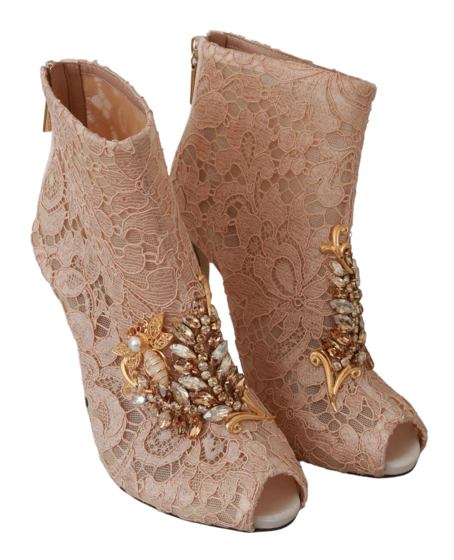 Dolce & Gabbana Pink Crystal Lace Booties Stilettos Shoes | Regal Royce
