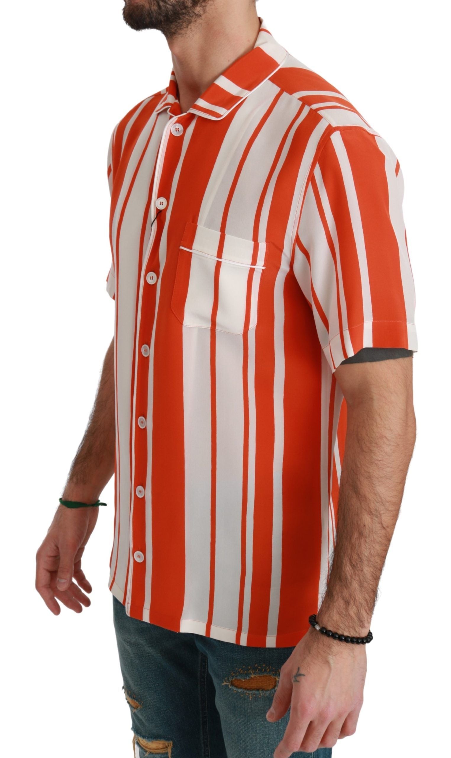 Dolce & Gabbana Orange Silk Striped Short Sleeve White Shirt | Regal Royce
