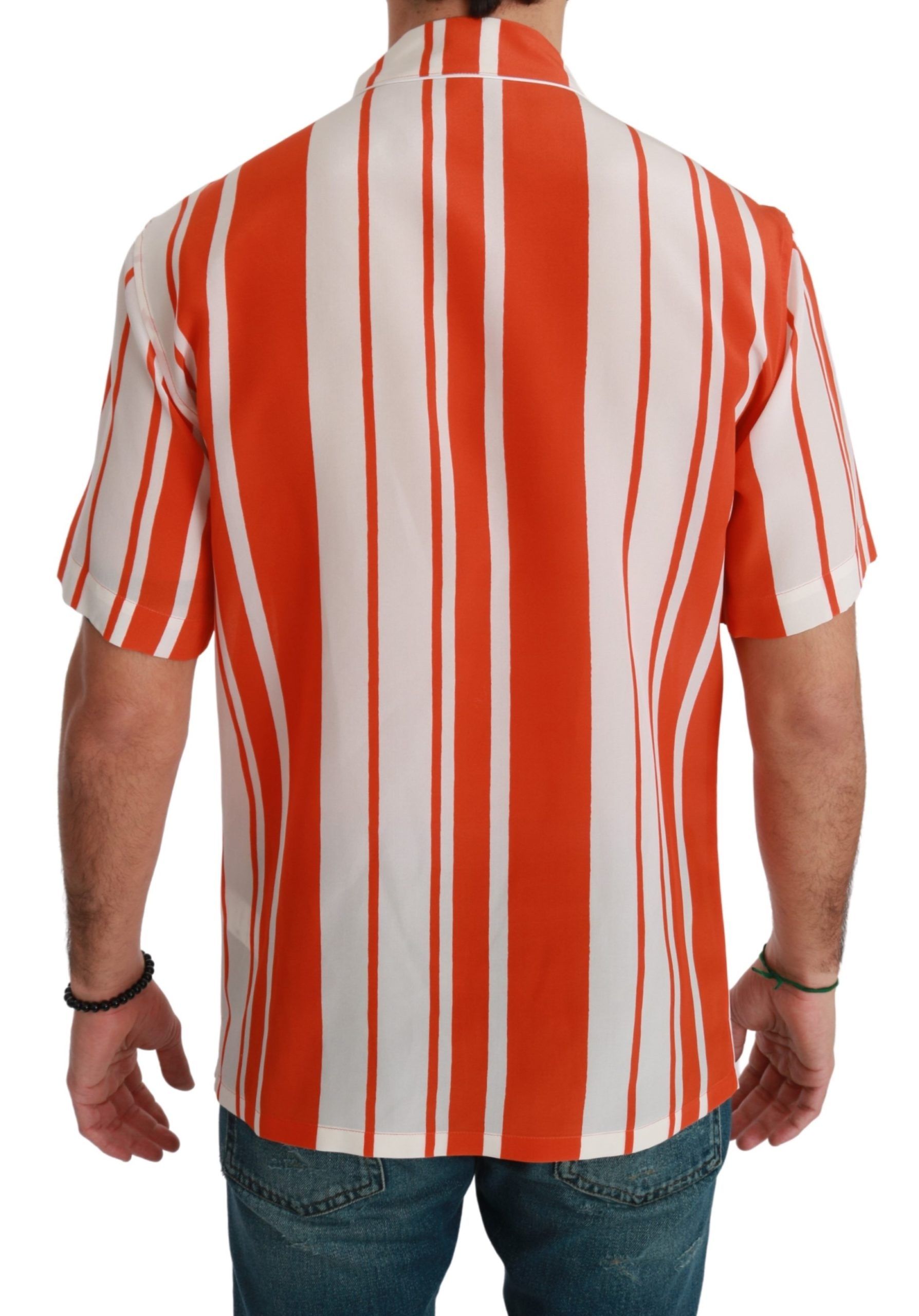 Dolce & Gabbana Orange Silk Striped Short Sleeve White Shirt | Regal Royce