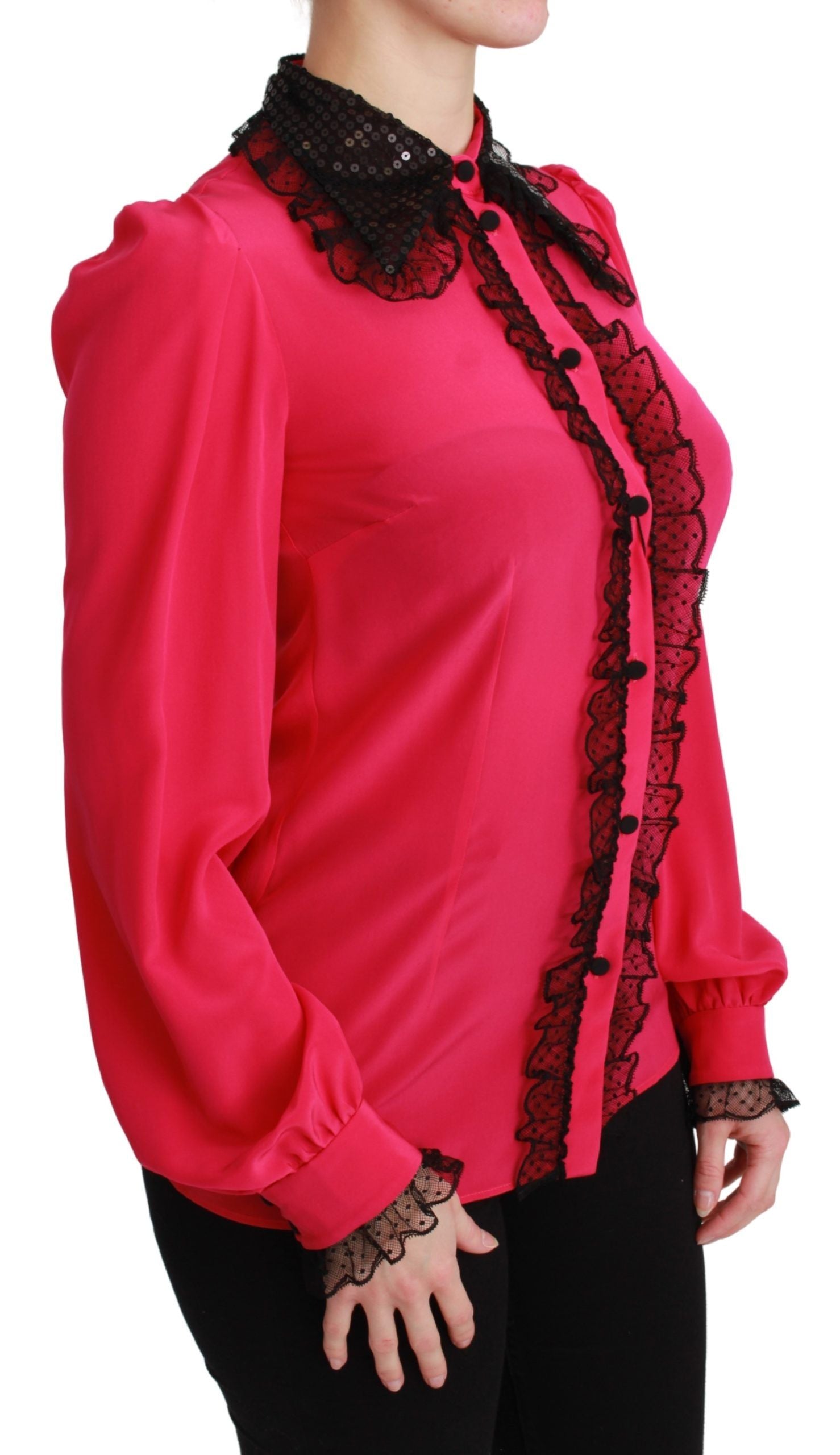 Dolce & Gabbana Pink Silk Black Sequin Lace Shirt Blouse | Regal Royce