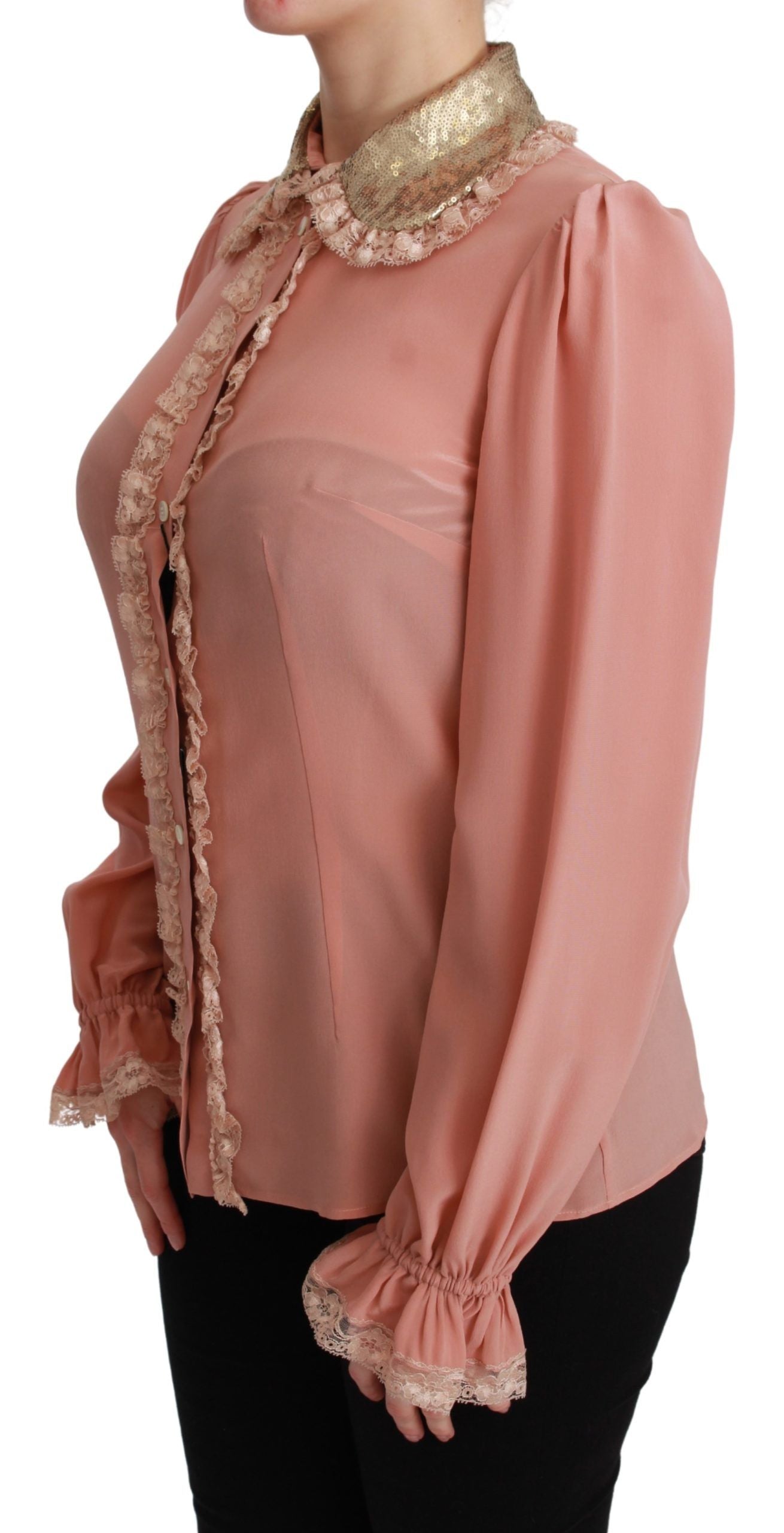 Dolce & Gabbana Pink Silk Gold Sequin Lace Blouse Shirt | Regal Royce