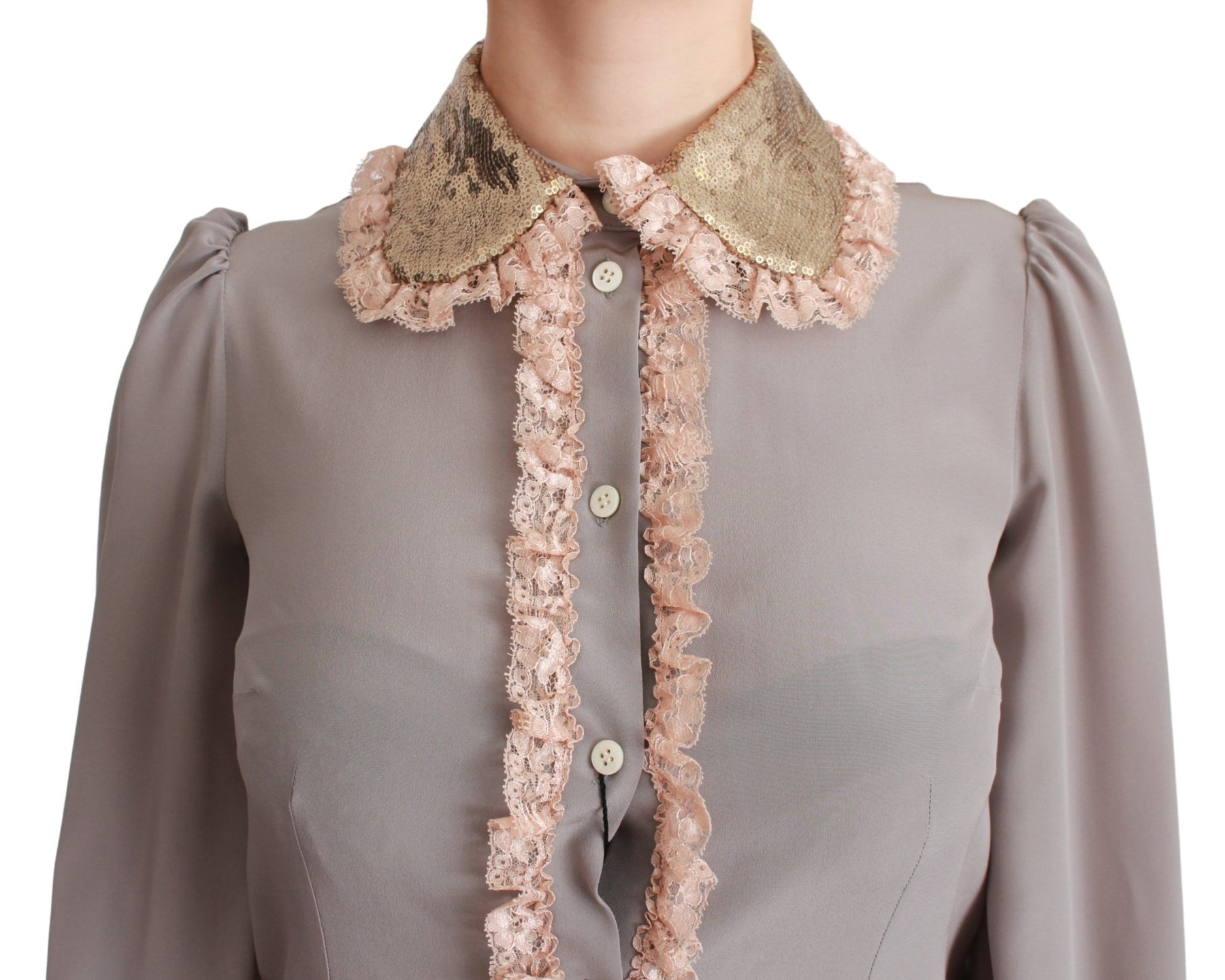 Dolce & Gabbana Gray Silk Gold Sequin Lace Blouse Shirt | Regal Royce