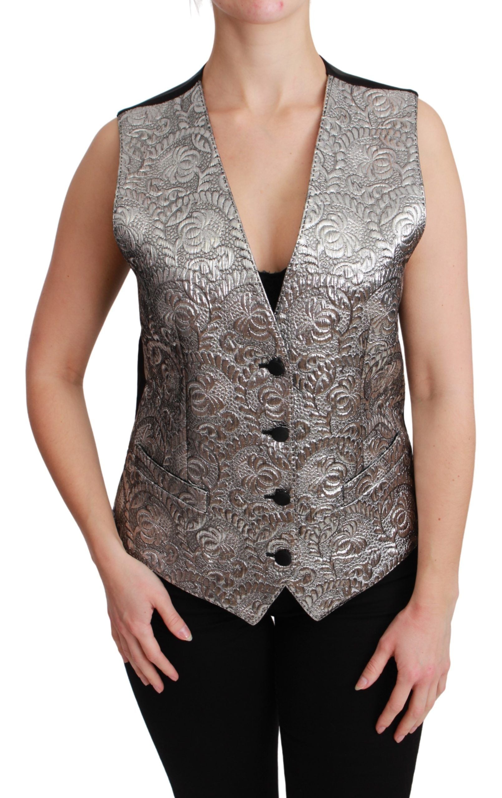 Dolce & Gabbana Silver Brocade Sleeveless Metallic Top | Regal Royce