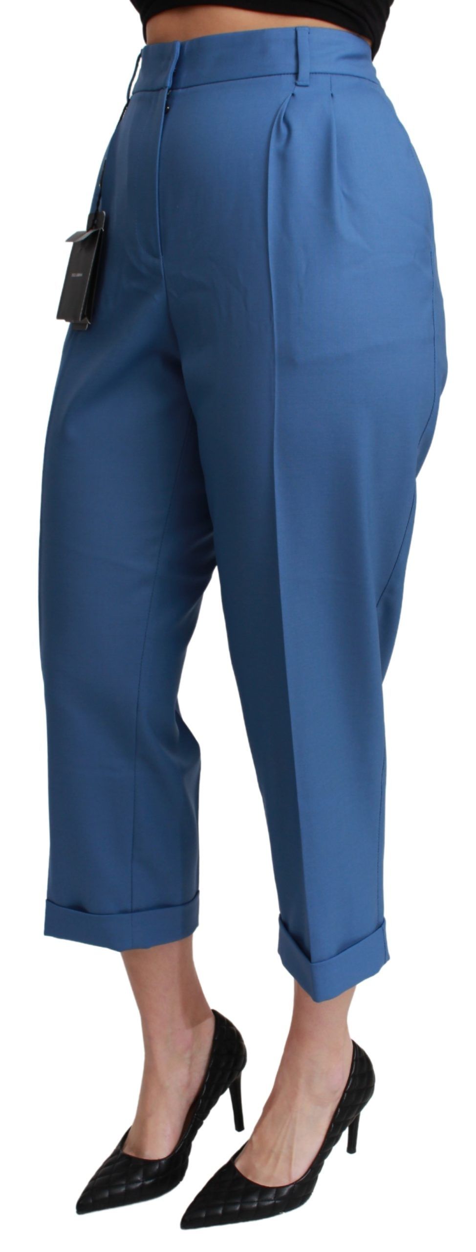 Dolce & Gabbana Blue Pleated Wool Cuffed Cropped Trouser Pants | Regal Royce