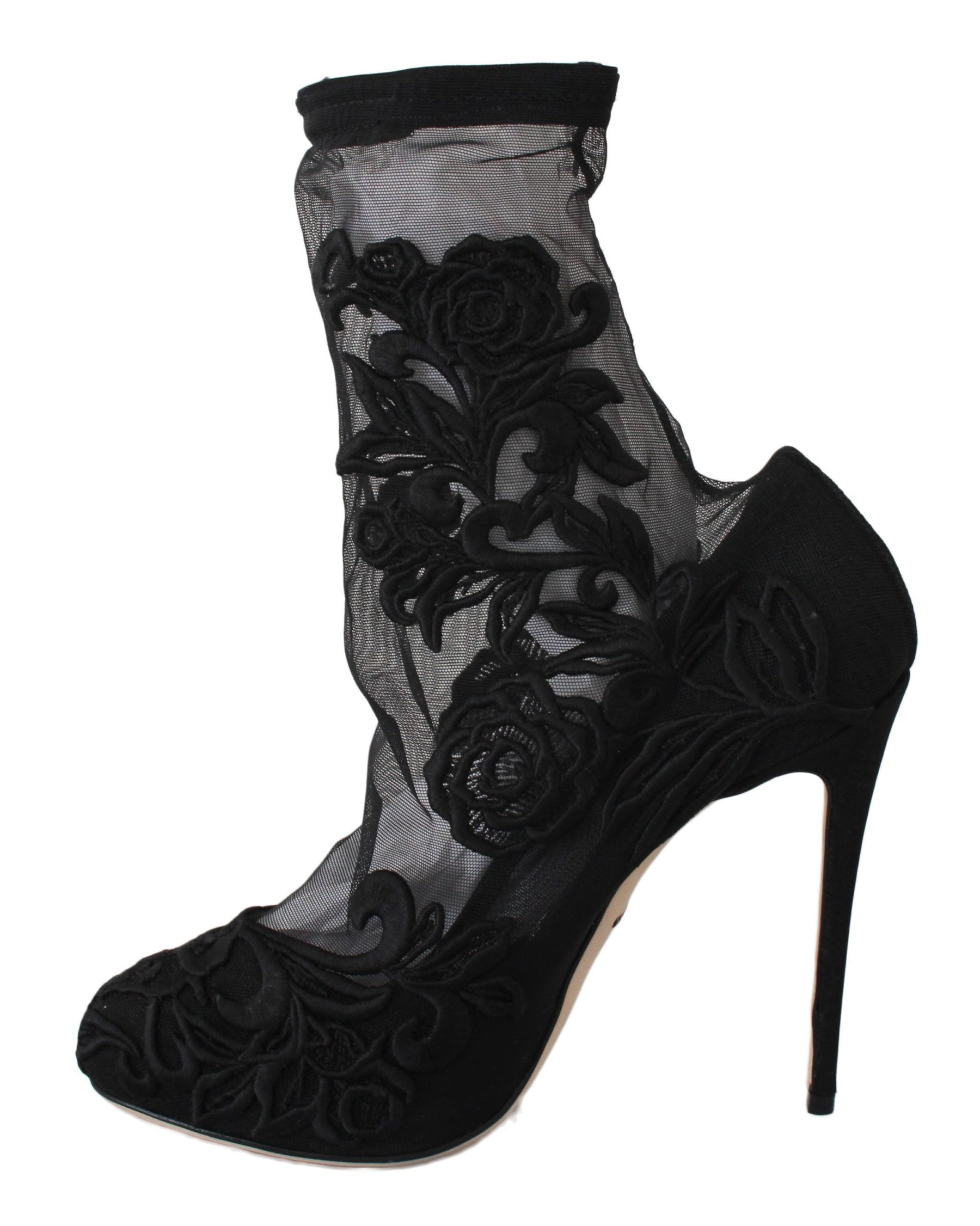 Dolce & Gabbana Black Roses Stilettos Booties Socks Shoes | Regal Royce