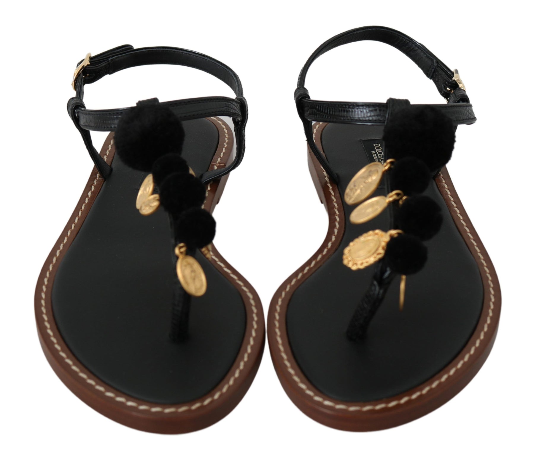 Dolce & Gabbana Black Leather Coins Flip Flops Sandals Shoes | Regal Royce