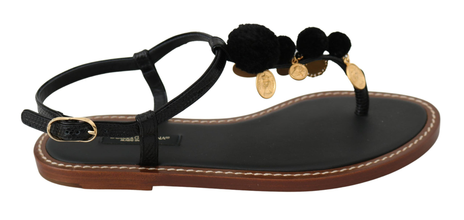 Dolce & Gabbana Black Leather Coins Flip Flops Sandals Shoes | Regal Royce