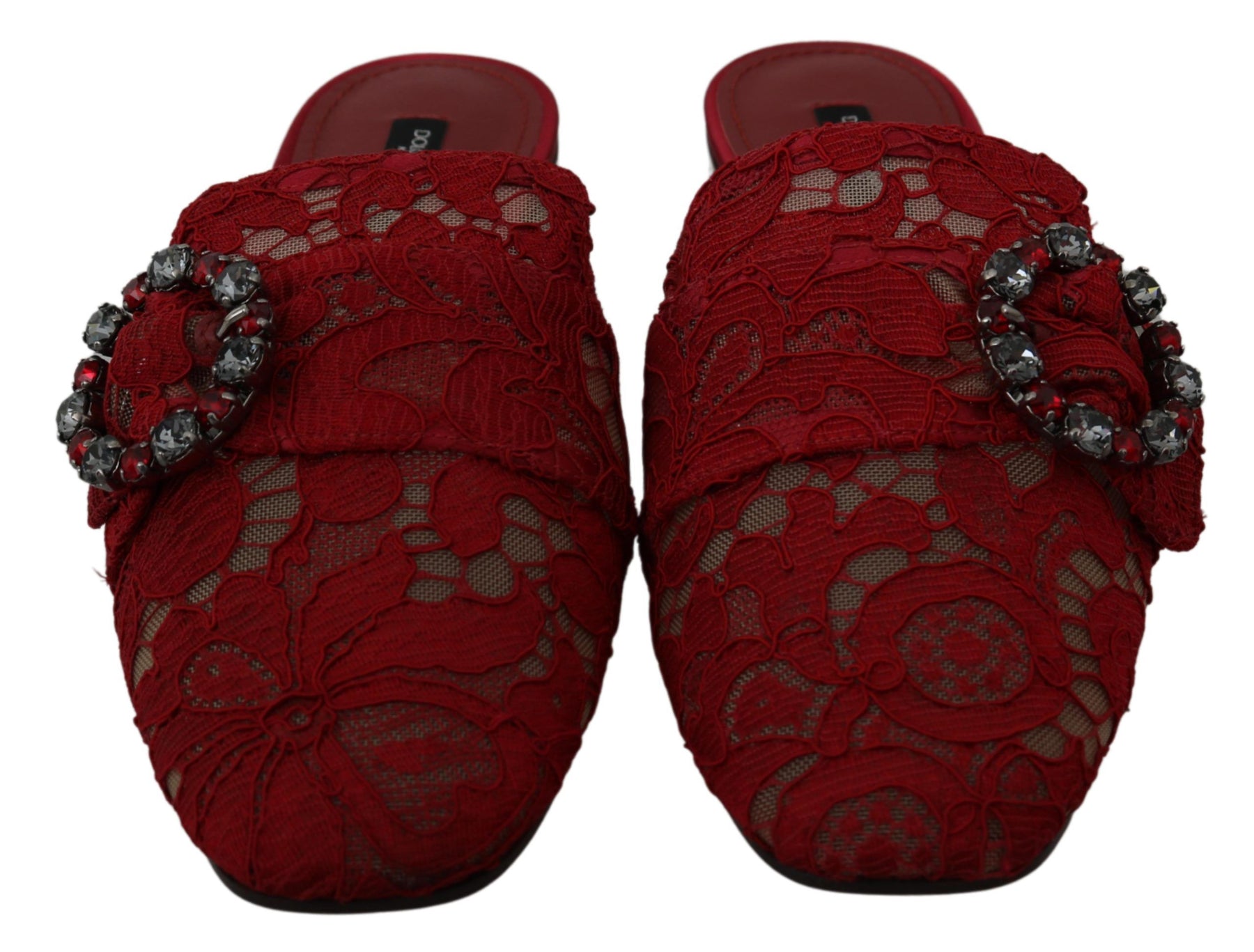 Dolce & Gabbana Red Lace Crystal Slide On Flats Shoes | Regal Royce
