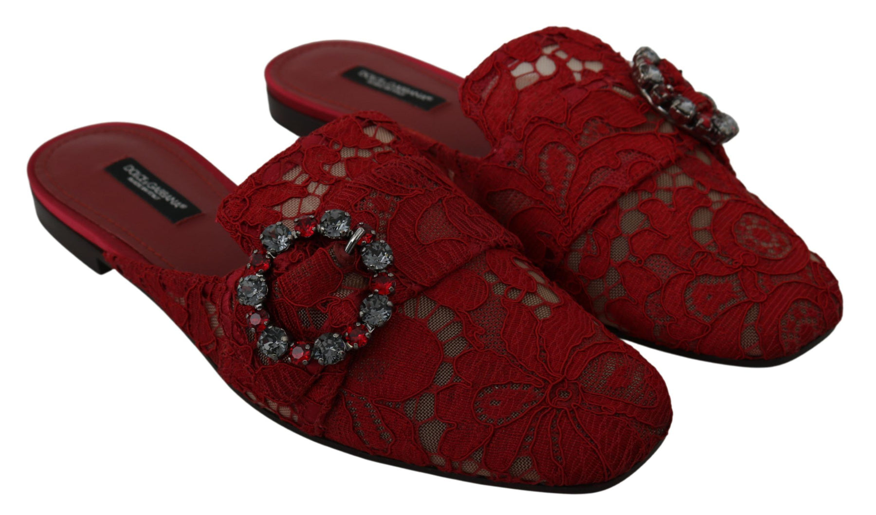 Dolce & Gabbana Red Lace Crystal Slide On Flats Shoes | Regal Royce