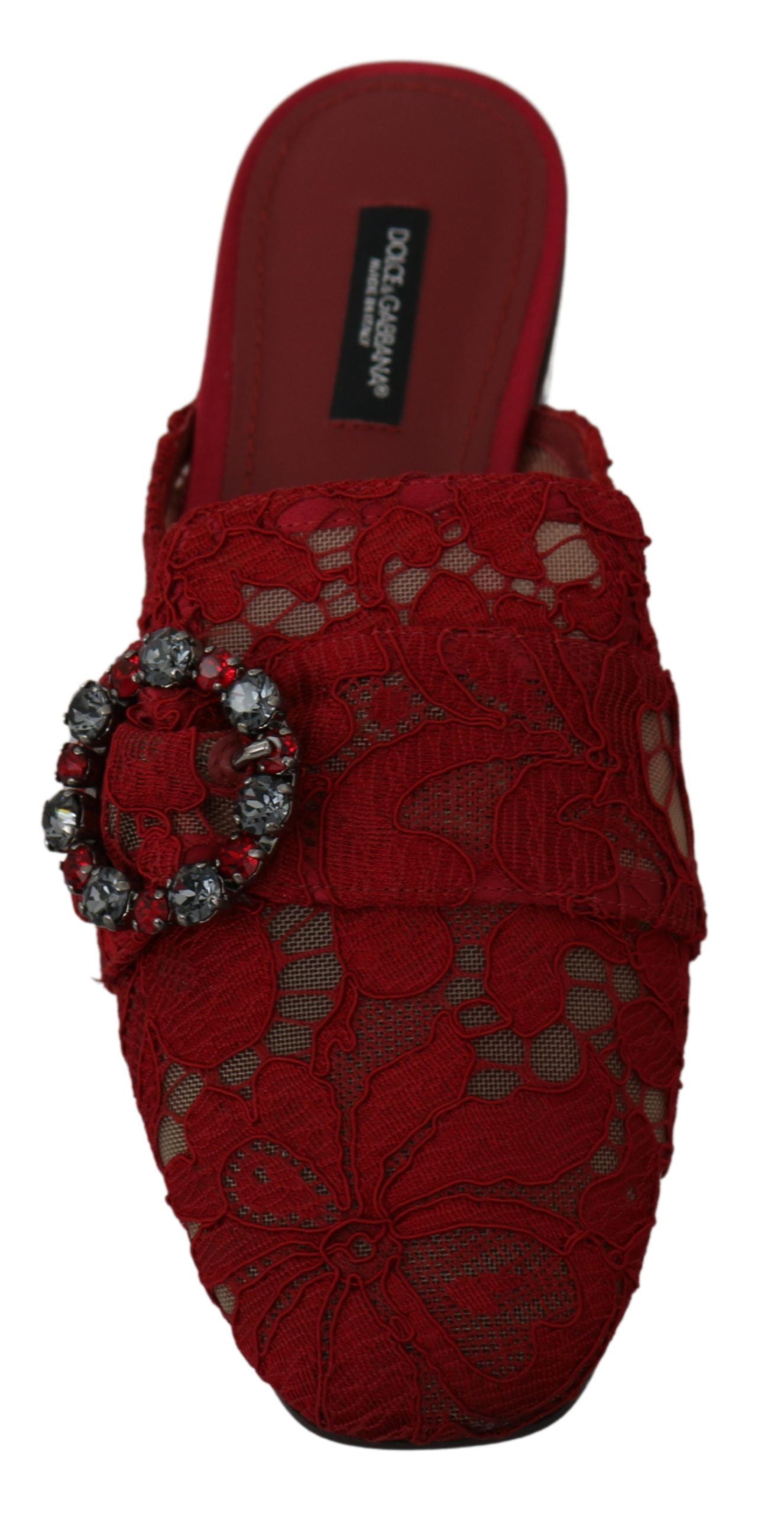 Dolce & Gabbana Red Lace Crystal Slide On Flats Shoes | Regal Royce