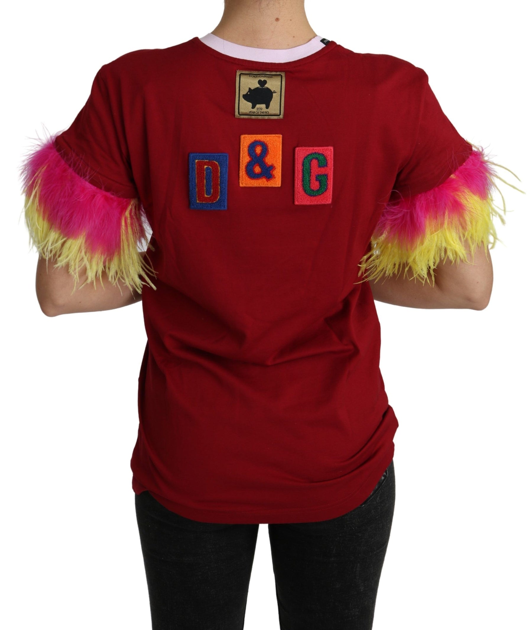 Dolce & Gabbana Red Pig Print Feather Sleeves T-shirt Top | Regal Royce