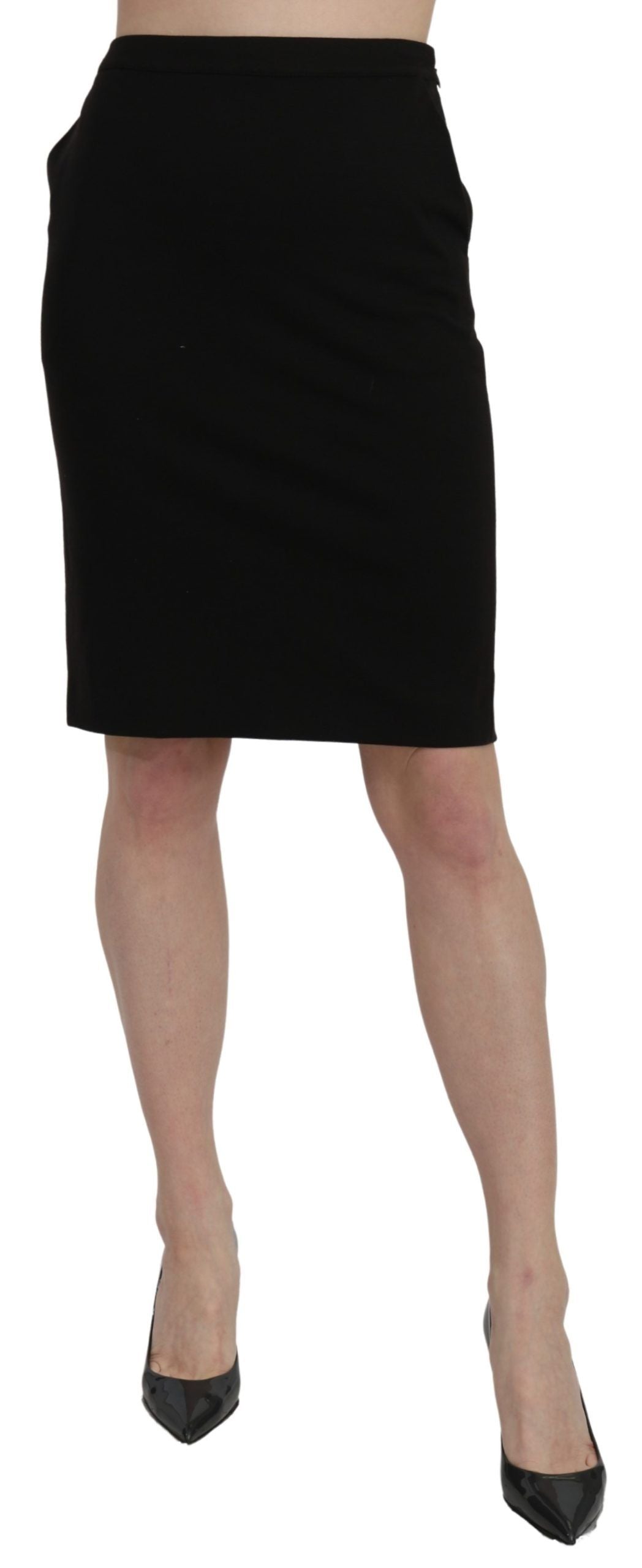 GF Ferre Black High Waist Pencil Cut Knee Length Formal Skirt | Regal Royce