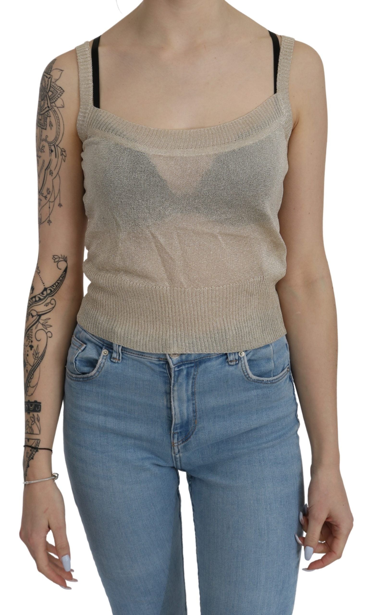 BYBLOS Beige Sleeveless Spaghetti Strap Tank See Through Top | Regal Royce