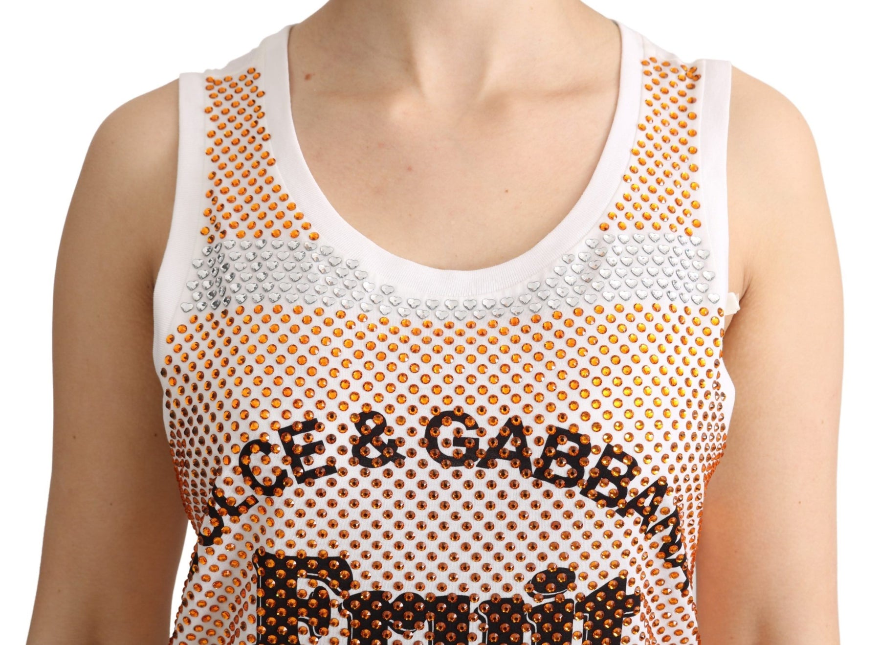 Dolce & Gabbana White Orange Crystal Sleeveless Tank Cotton Top | Regal Royce