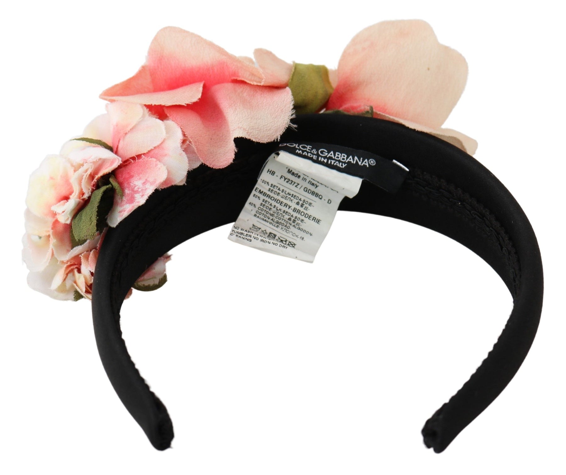 Dolce & Gabbana Pink Silk Black Floral Headband Logo Diadem | Regal Royce