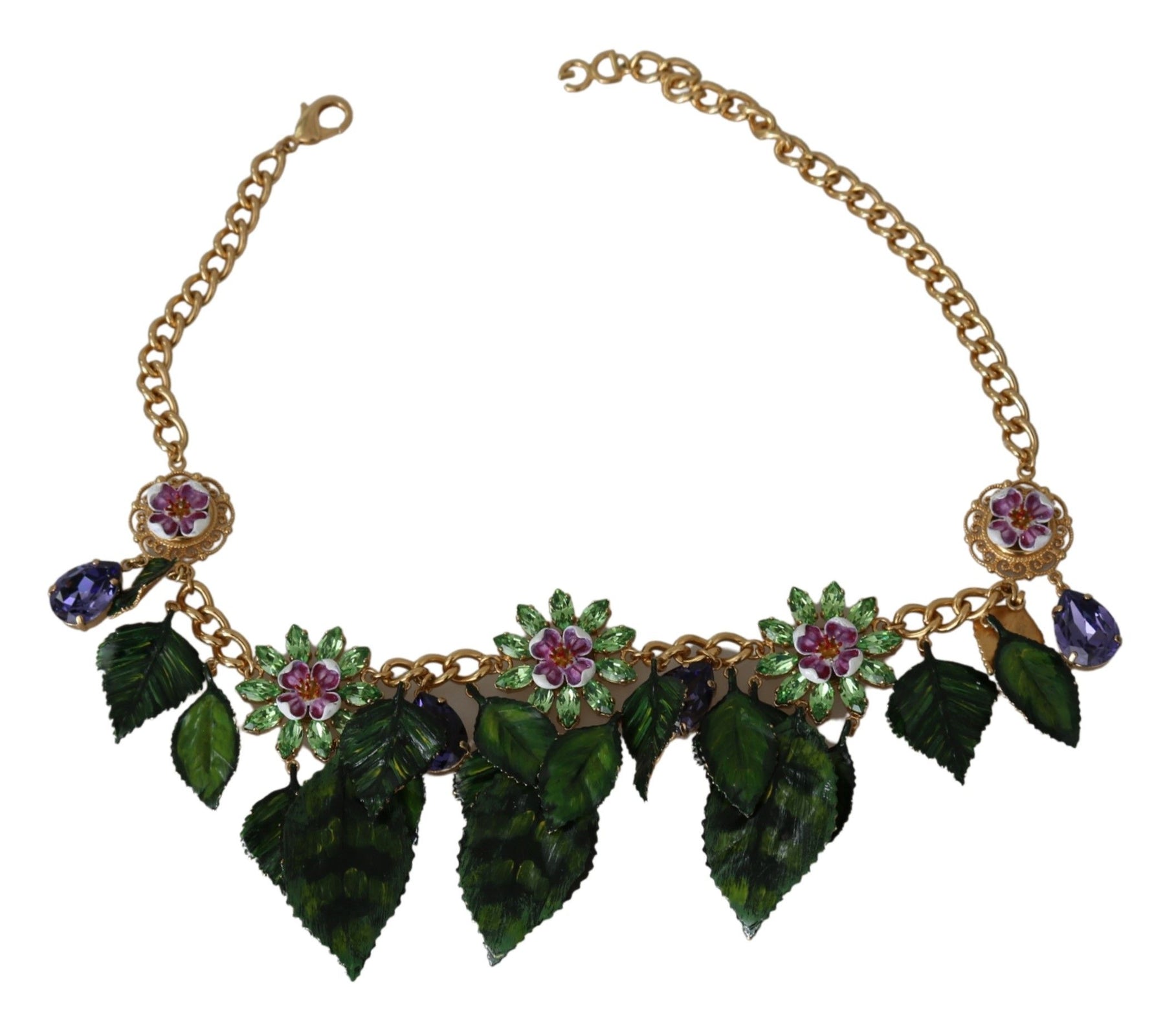 Dolce & Gabbana Green Leaves Gold Brass Crystal Flower Pendant Necklace | Regal Royce