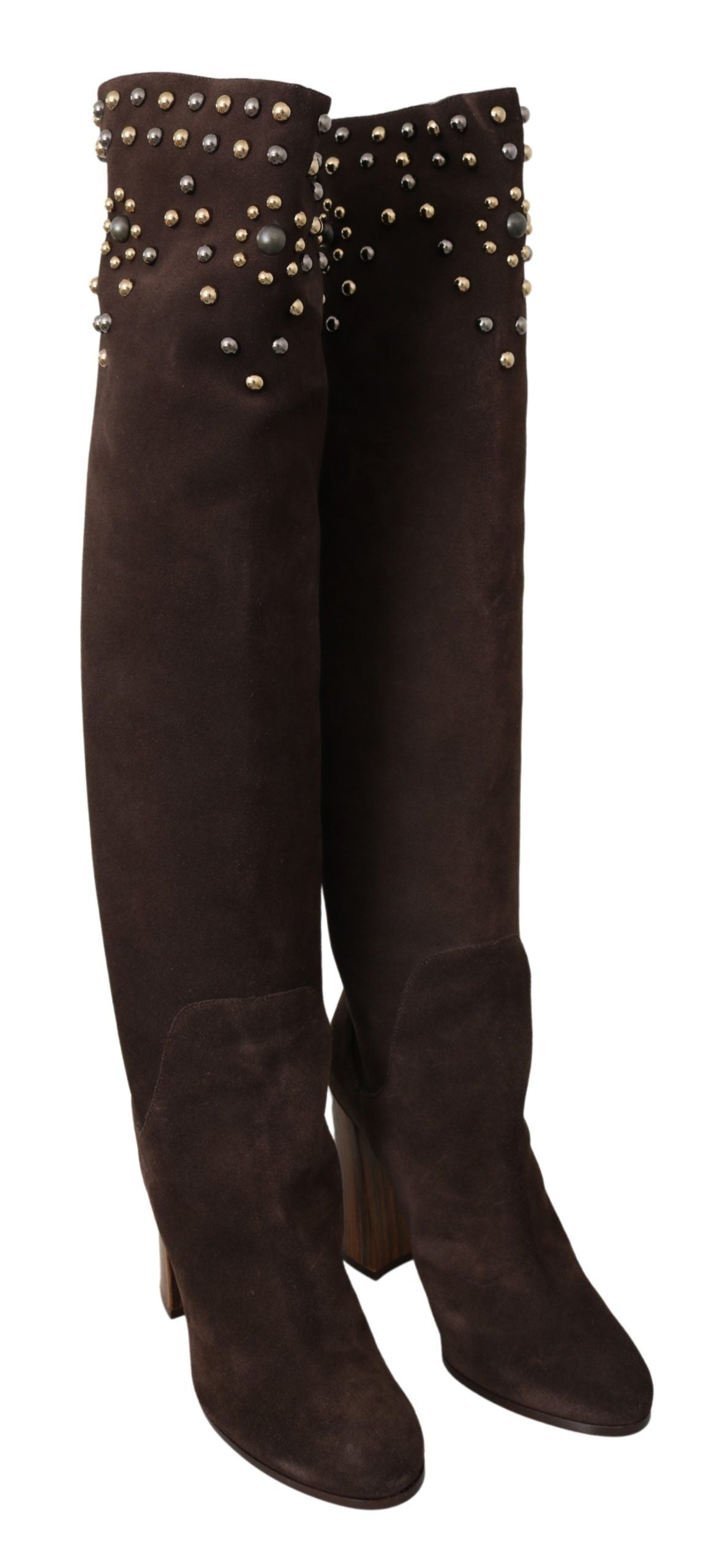 Dolce & Gabbana Brown Suede Studded Knee High Shoes Boots | Regal Royce
