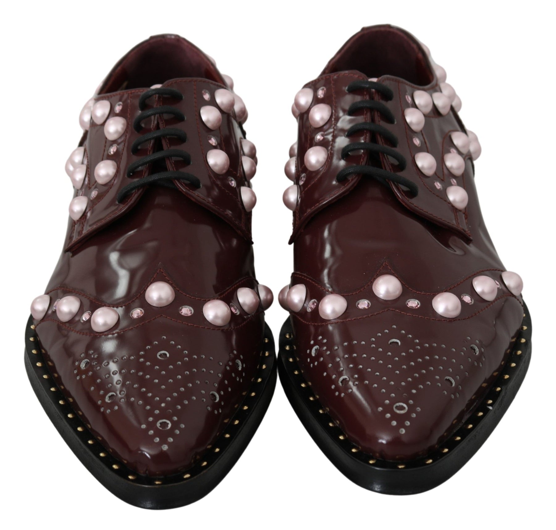 Dolce & Gabbana Bordeaux Leather Crystal Pearls Formal Shoes | Regal Royce