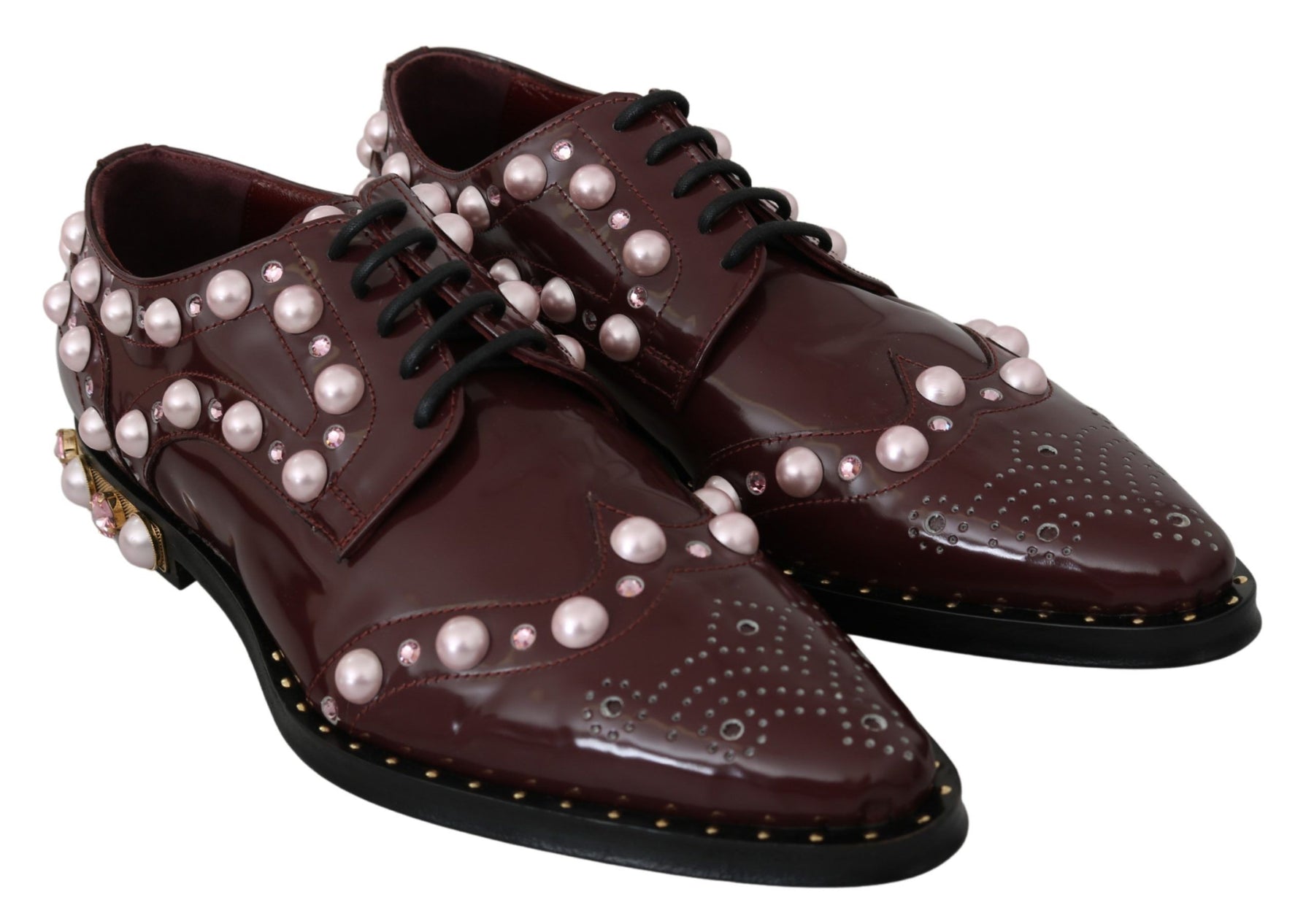 Dolce & Gabbana Bordeaux Leather Crystal Pearls Formal Shoes | Regal Royce