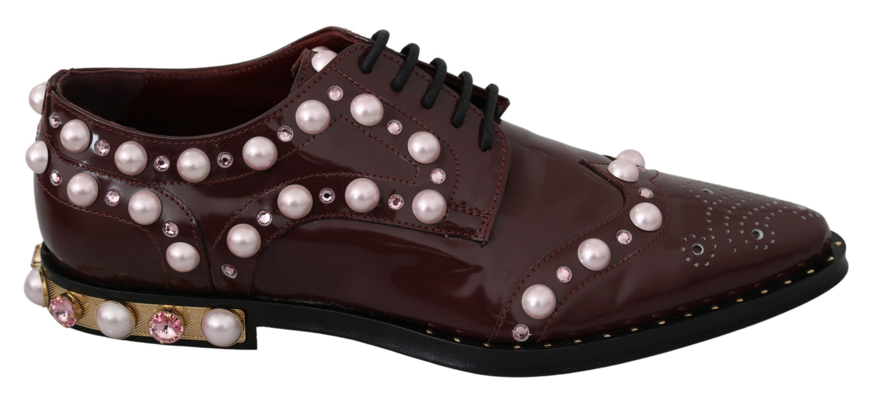 Dolce & Gabbana Bordeaux Leather Crystal Pearls Formal Shoes | Regal Royce