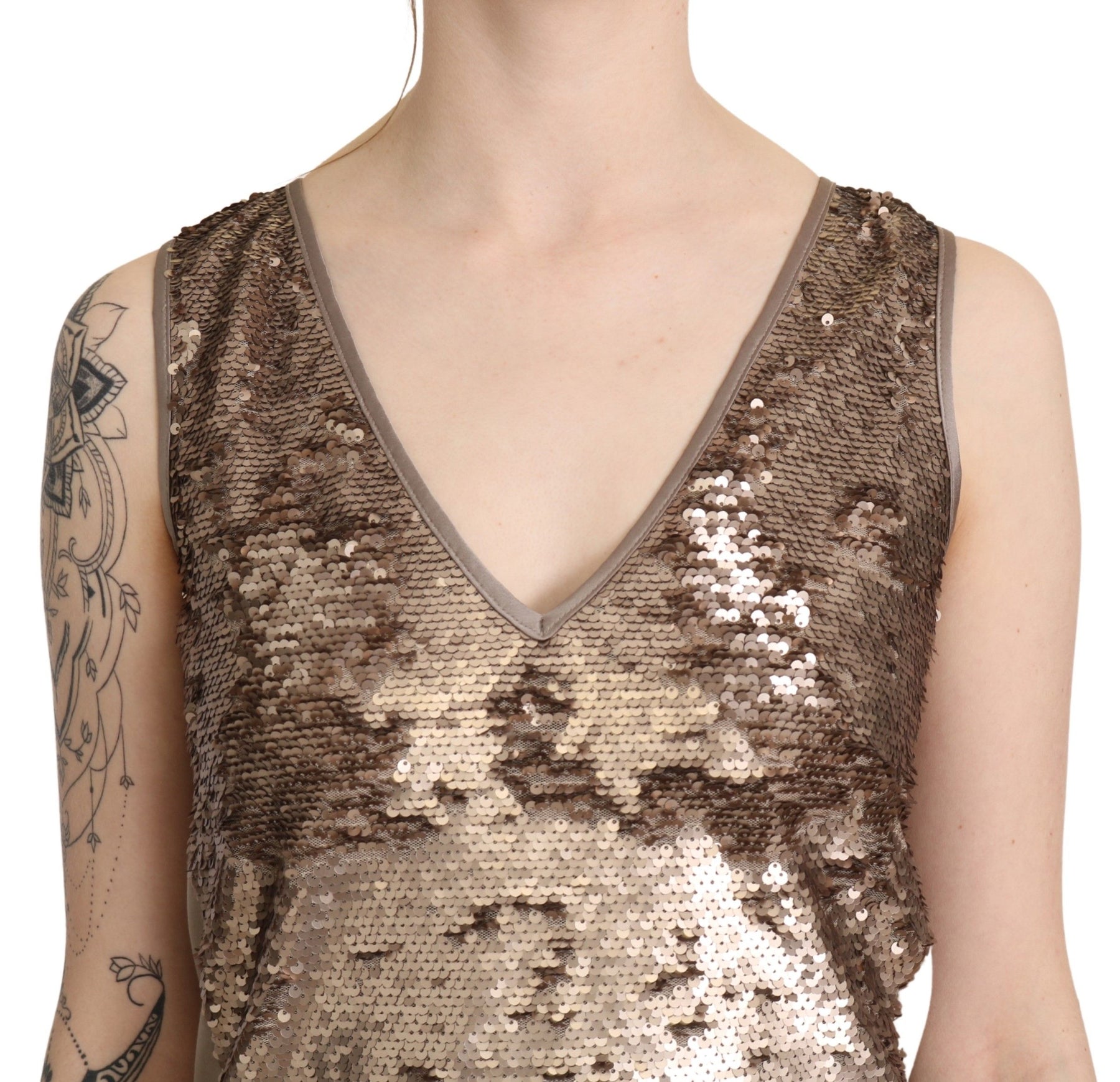 Liu Jo Brown Sequined V-neck Sleeveless Sheath Mini Dress | Regal Royce