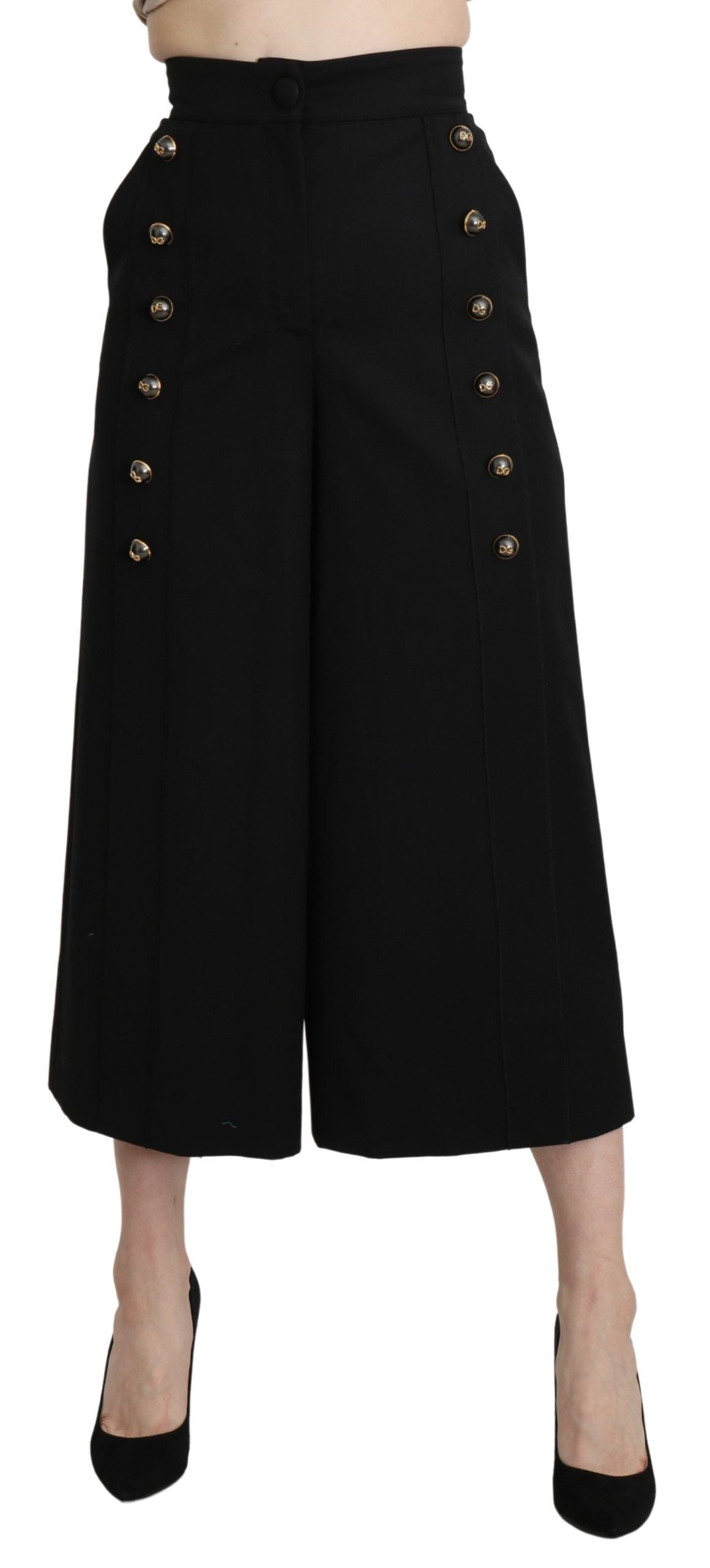 Dolce & Gabbana Black Wide Wool Leg Cropped Trouser Pant | Regal Royce