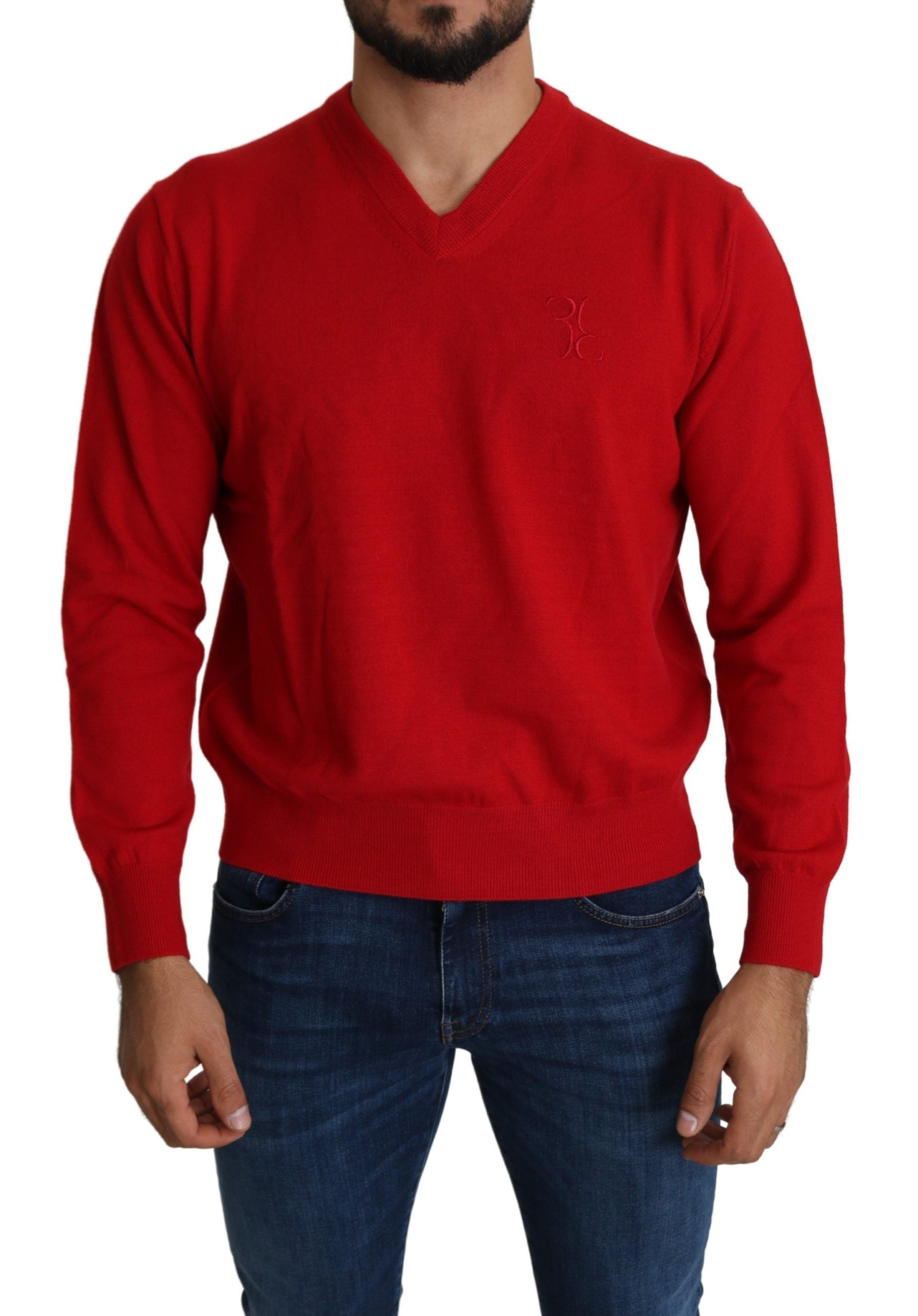 Billionaire Italian Couture Red V-neck Wool Sweatshirt Pullover Sweater | Regal Royce