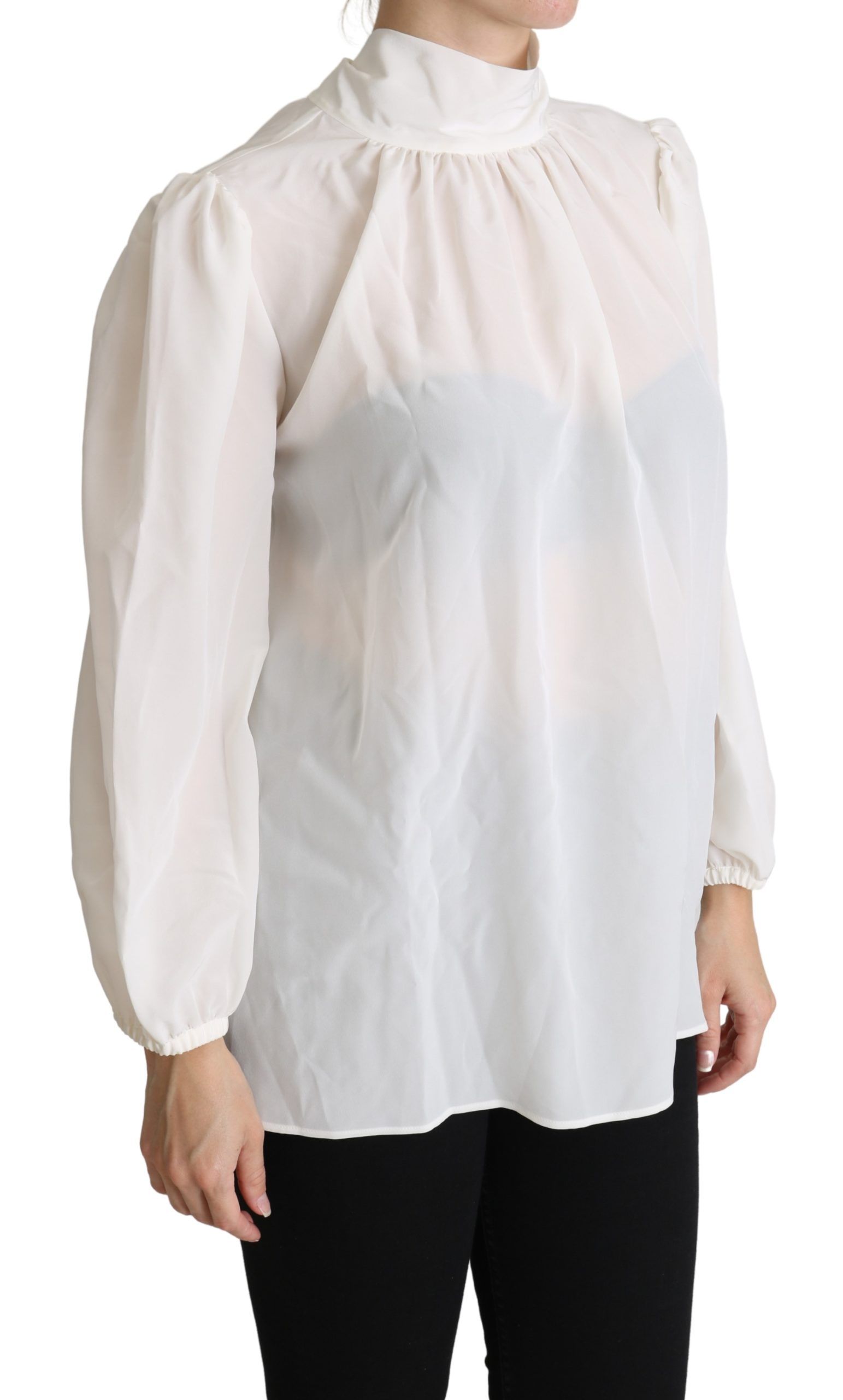 Dolce & Gabbana White Silk Pussy Bow Long Sleeved Top Blouse | Regal Royce