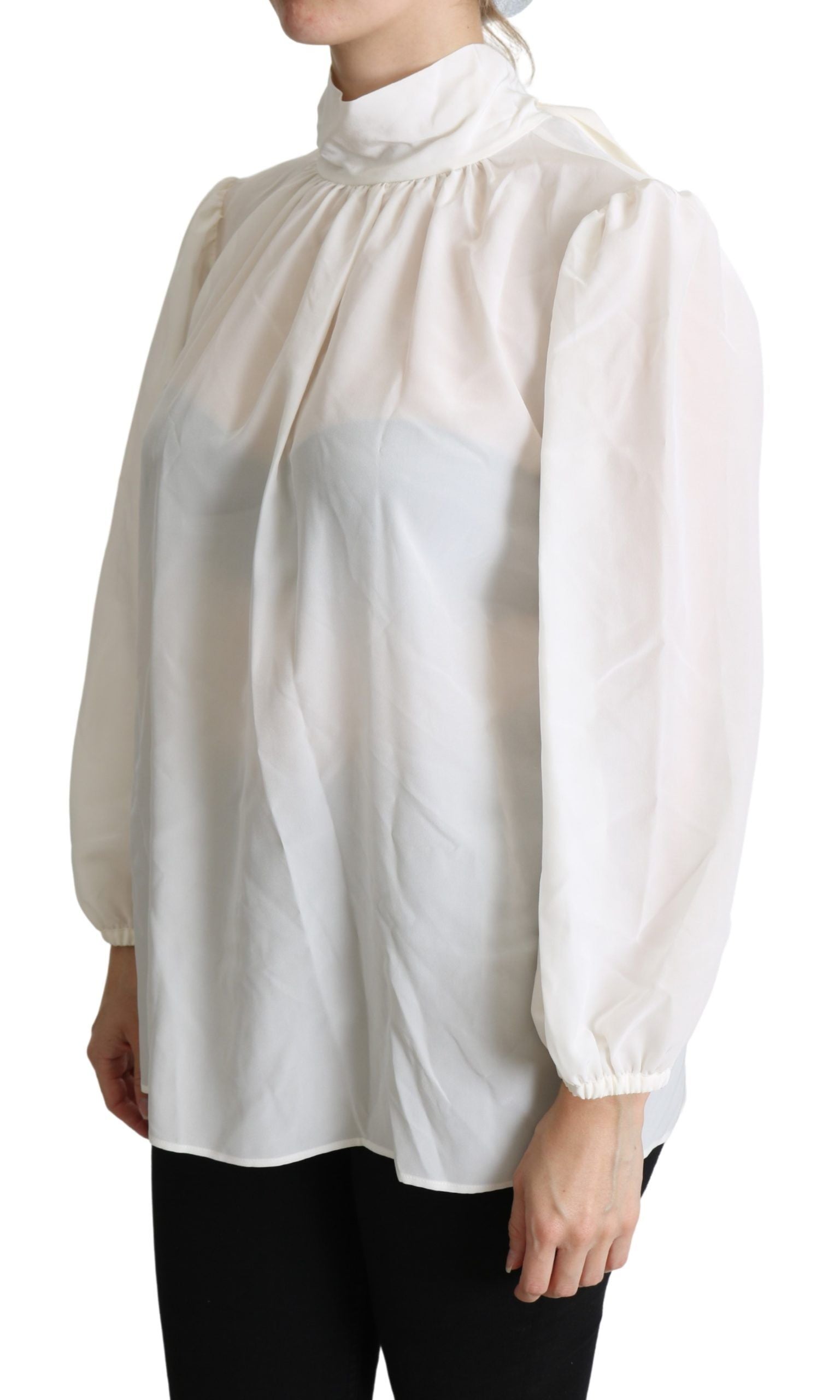 Dolce & Gabbana White Silk Pussy Bow Long Sleeved Top Blouse | Regal Royce