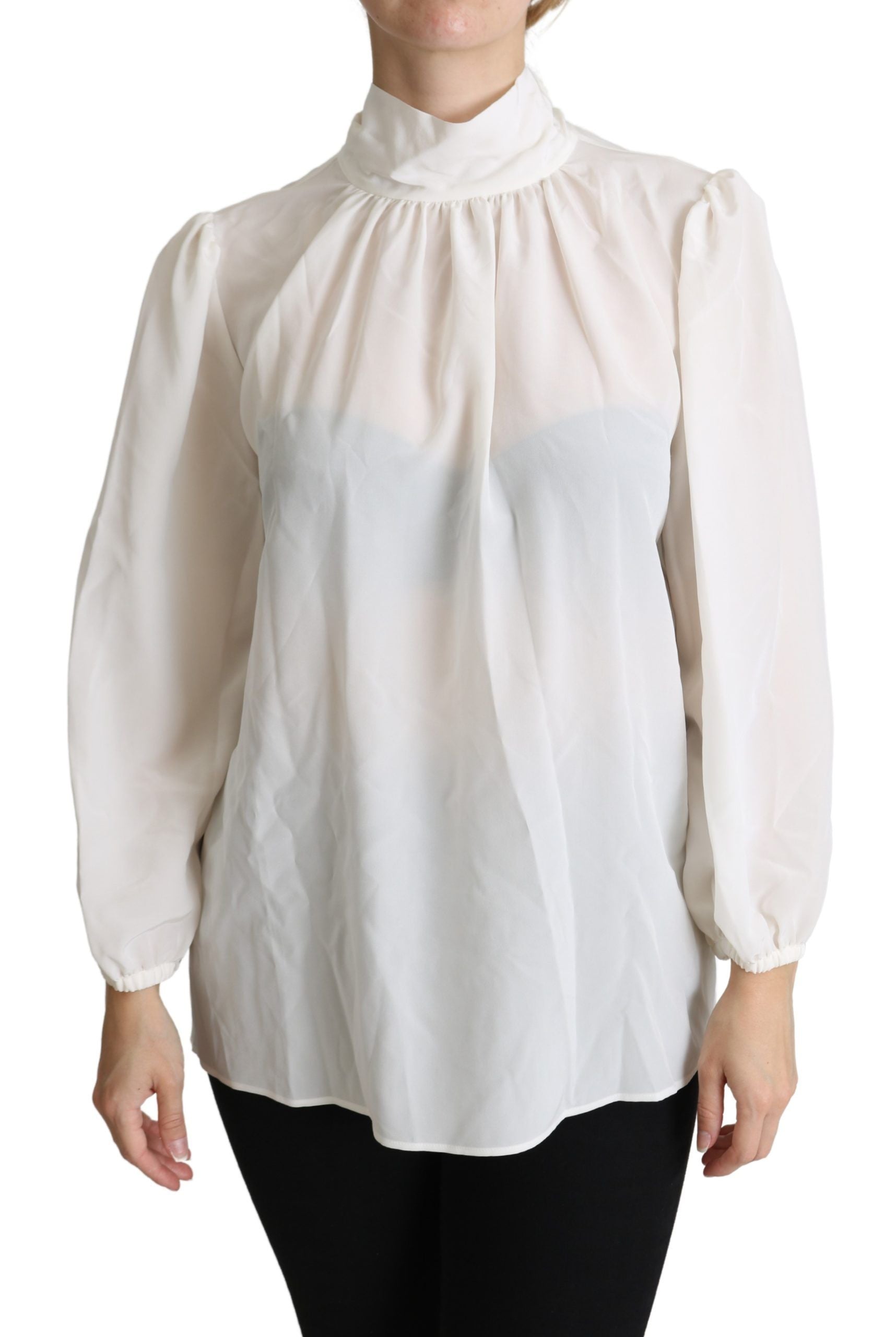 Dolce & Gabbana White Silk Pussy Bow Long Sleeved Top Blouse | Regal Royce
