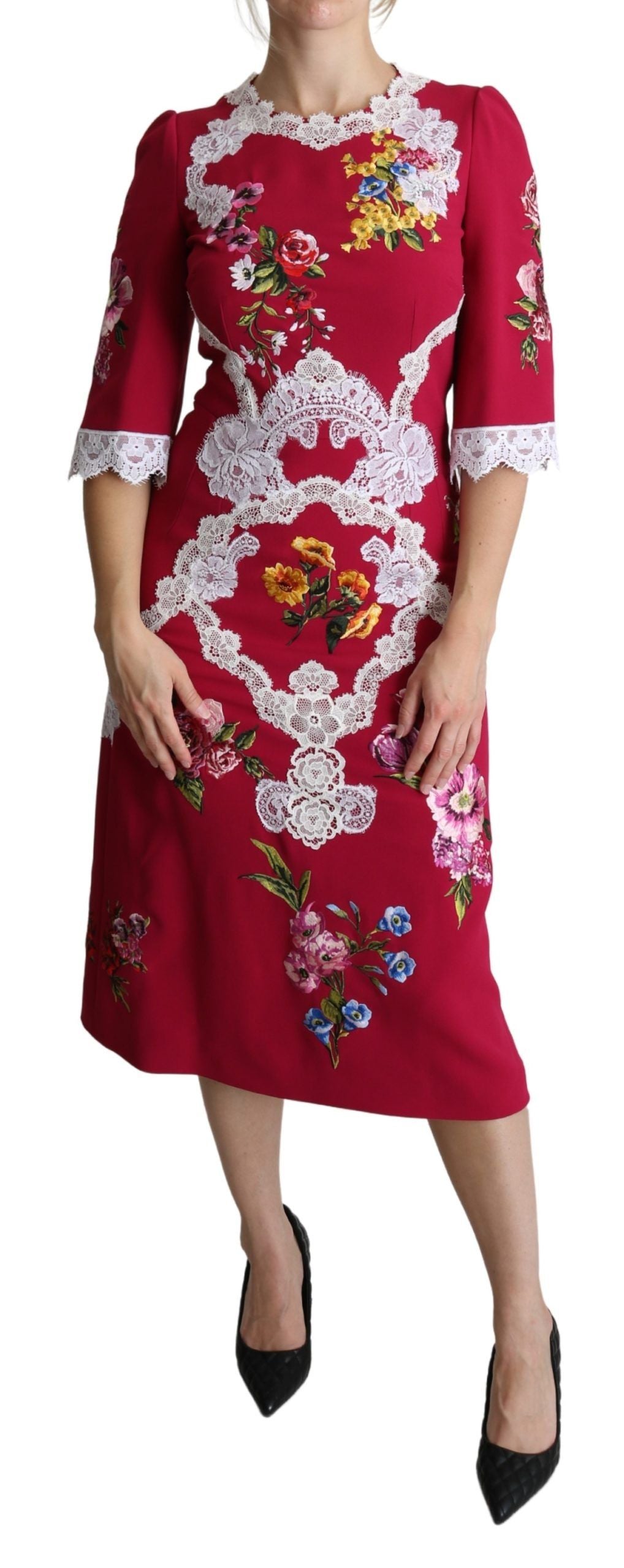 Dolce & Gabbana Red Floral Embroidered Sheath Midi Dress | Regal Royce