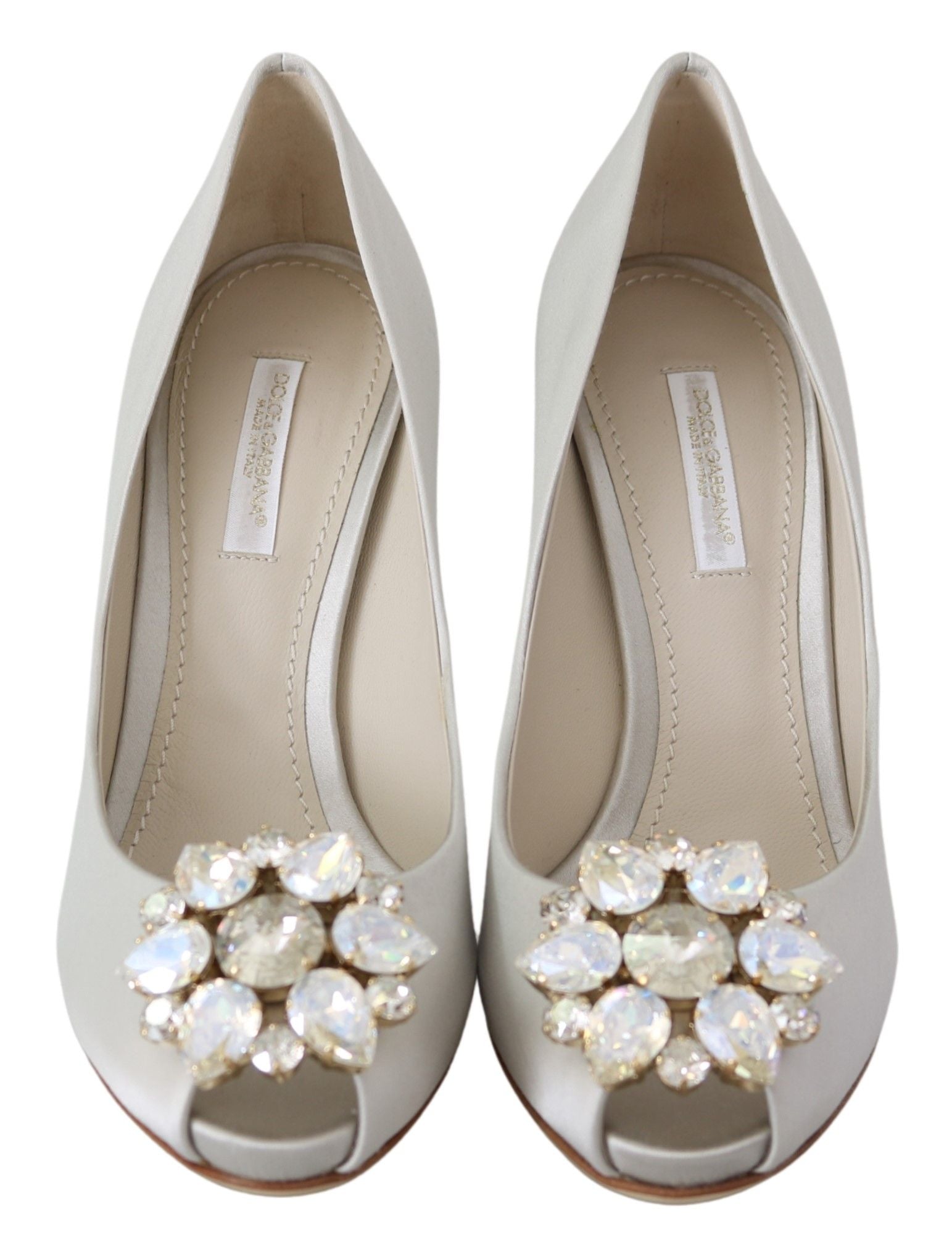 Dolce & Gabbana White Crystals Peep Toe Heels Satin Pumps Shoes | Regal Royce