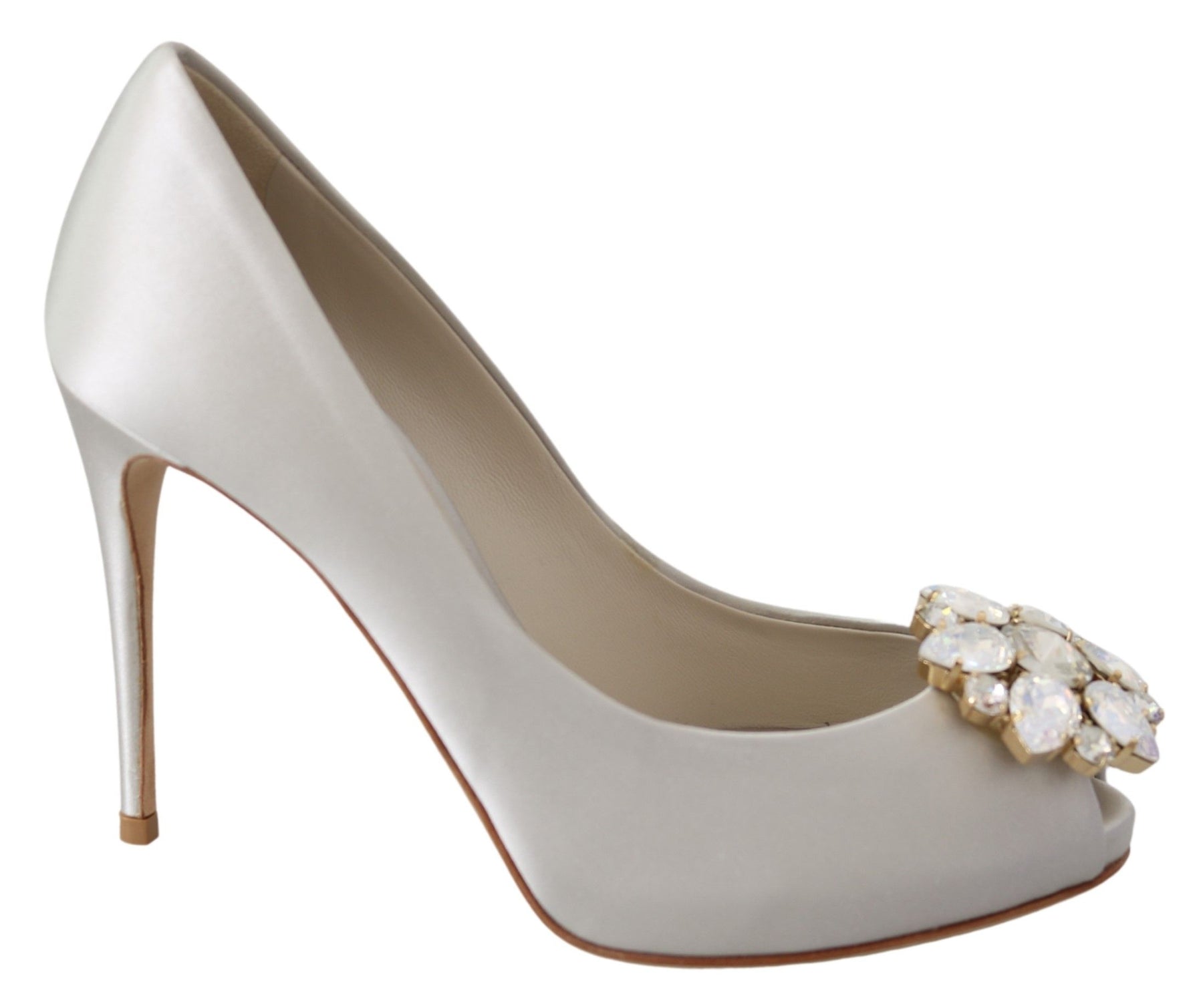 Dolce & Gabbana White Crystals Peep Toe Heels Satin Pumps Shoes | Regal Royce