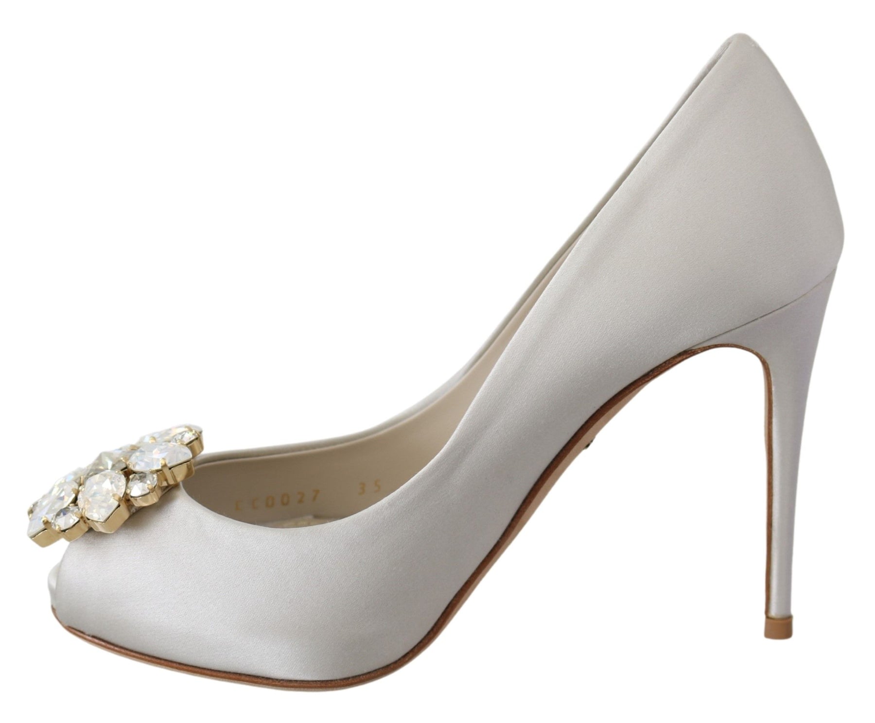 Dolce & Gabbana White Crystals Peep Toe Heels Satin Pumps Shoes | Regal Royce