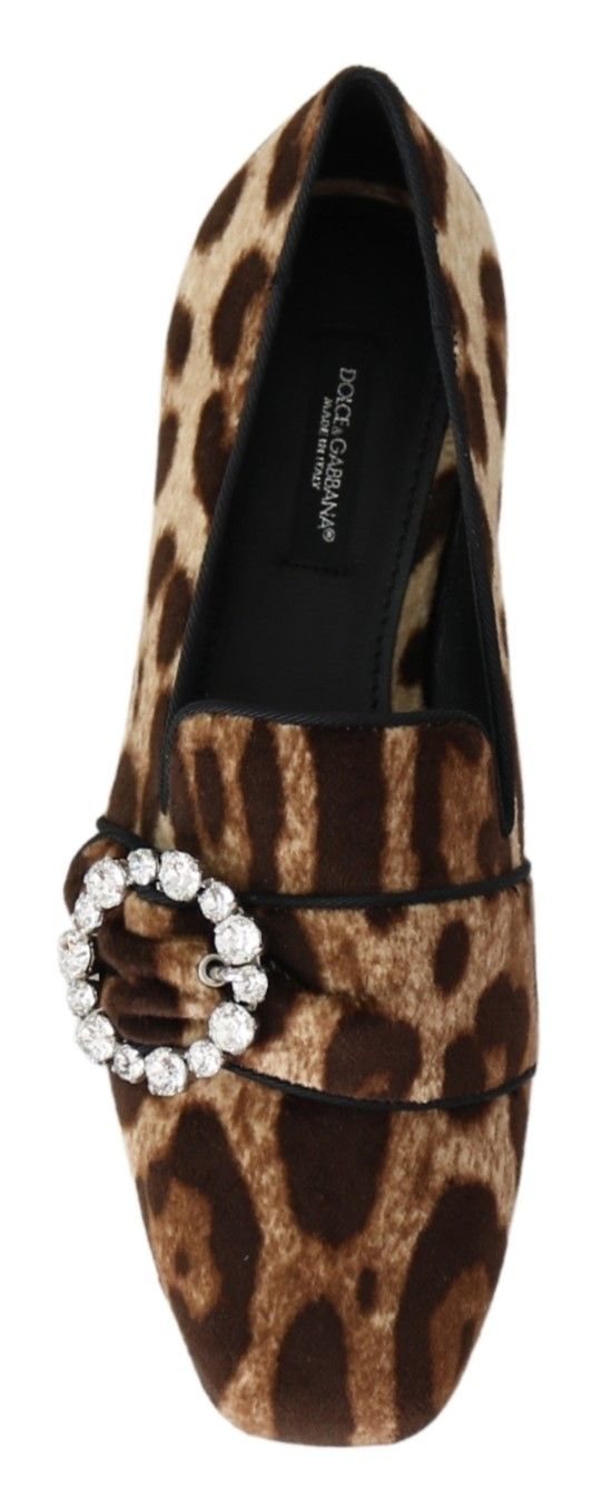 Dolce & Gabbana Brown Leopard Print Crystals Loafers Flats Shoes | Regal Royce