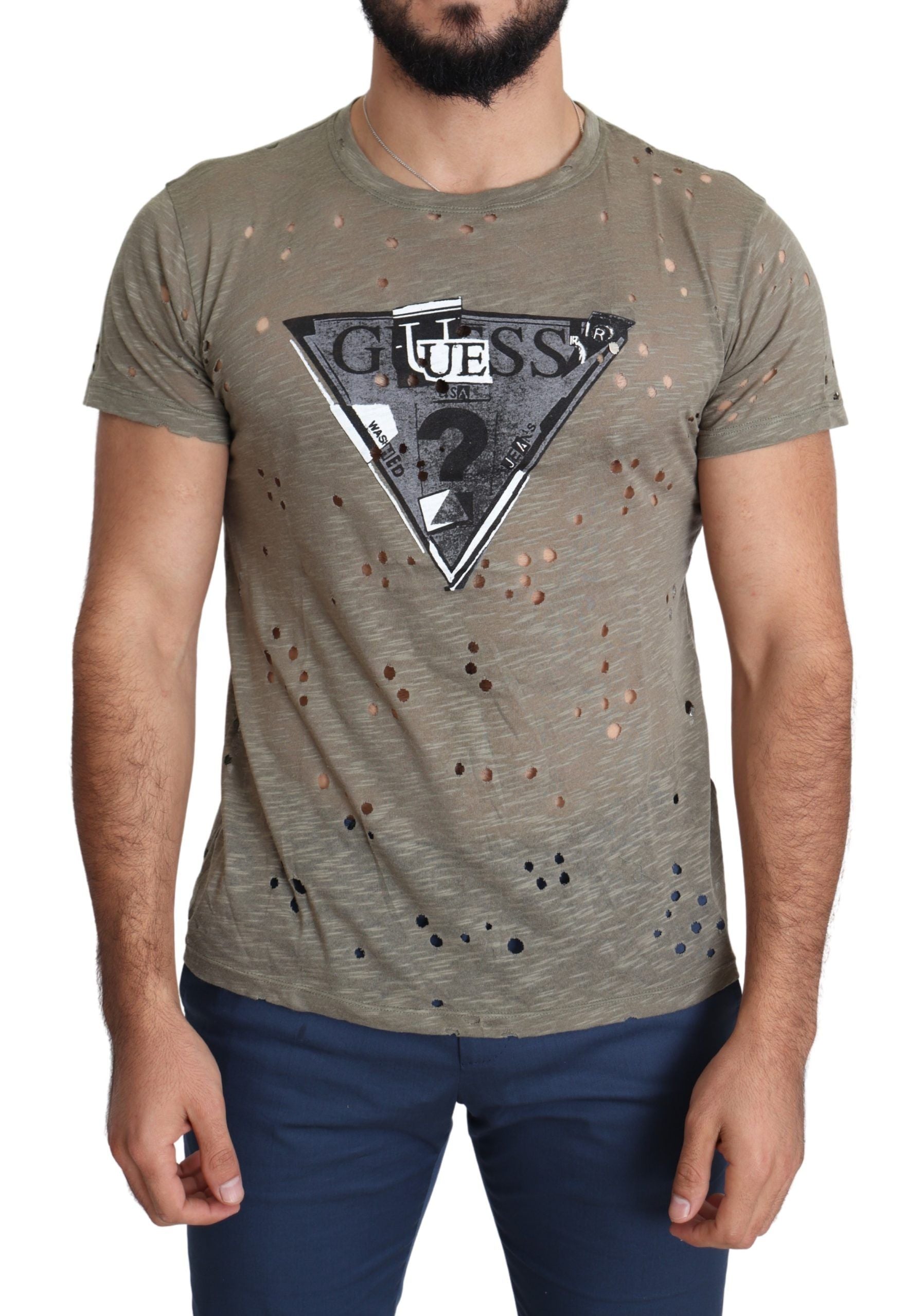 Guess Brown Cotton Stretch Logo Print Men Casual Perforated T-shirt | Regal Royce